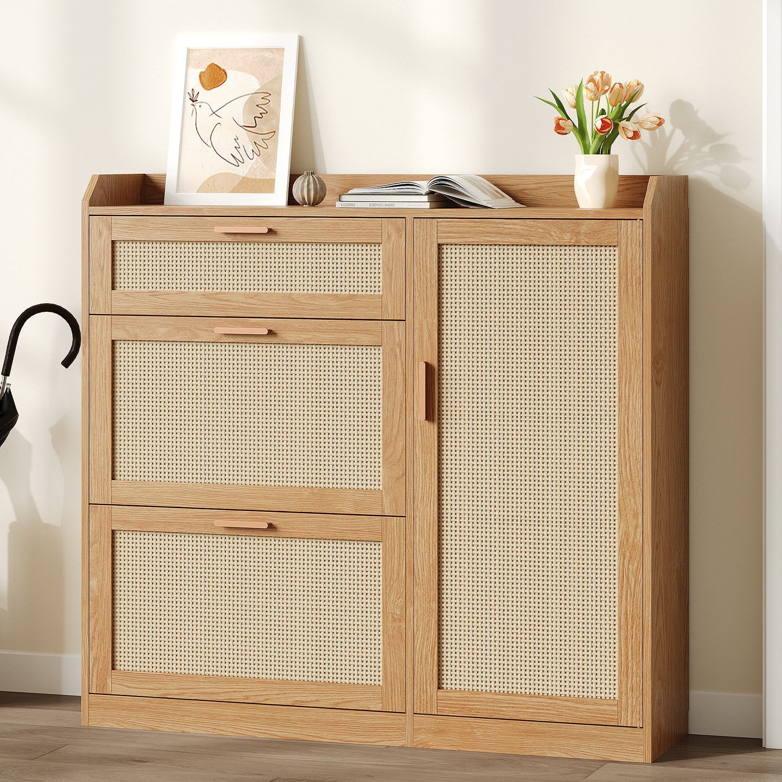 MSMASK Schuhschrank mit 2 Klappen & 1 Schublade, Schmaler Schuhkipper (1-St) Verstellbare Trennwand, 30 x 100 x 104 cm, Rustikale Eiche