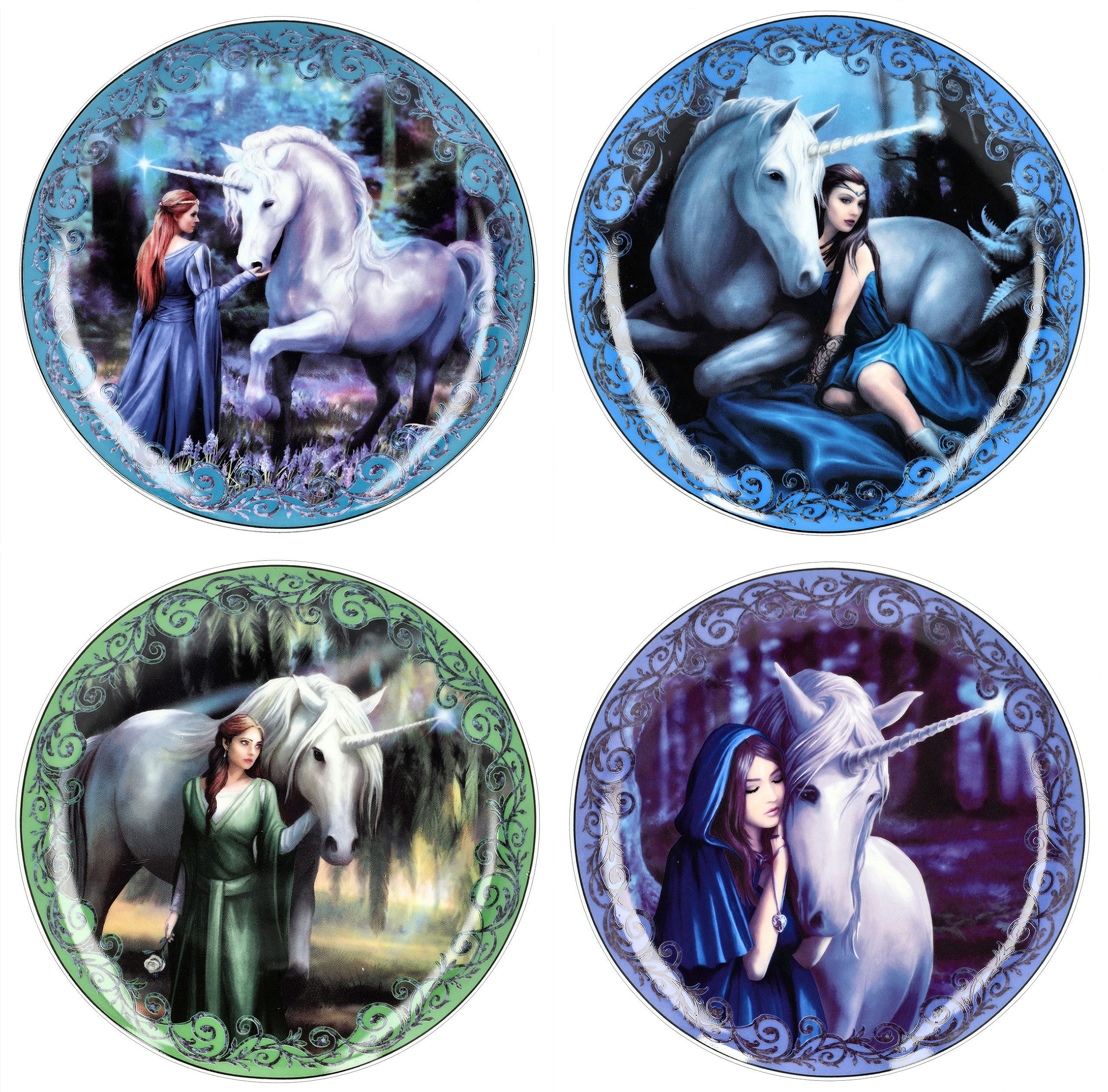 Teller Teller 4er Set - Unicorn and Maiden by Anne Stokes - Deko Dekoteller