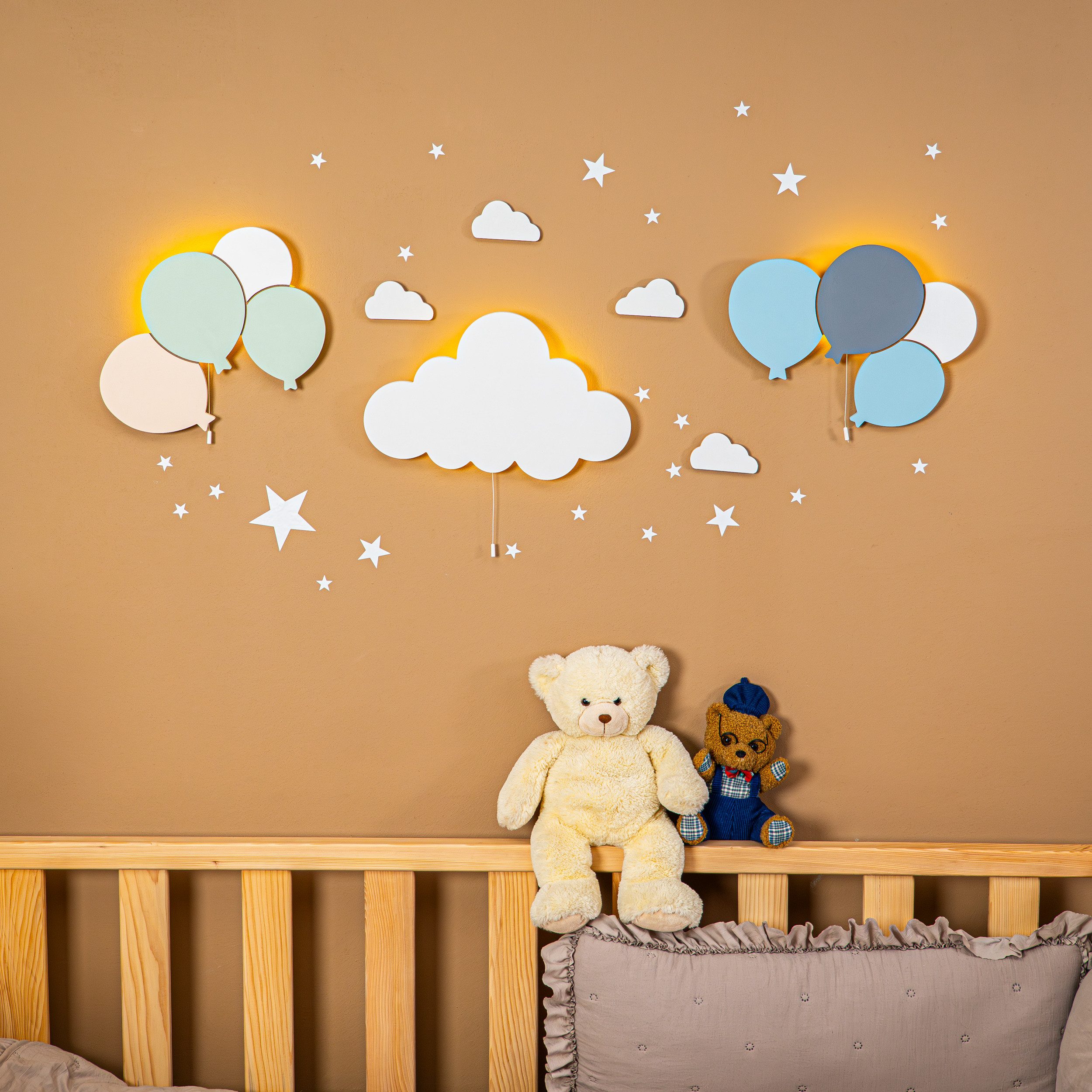 COZYCOLLECTIONS LED Wandleuchte LED-Wandnachtlicht Ballons & Wolke in Holzoptik, LED, Warmweiß, Montessori-Design: ruhige Formen, warmes LED, kabellos