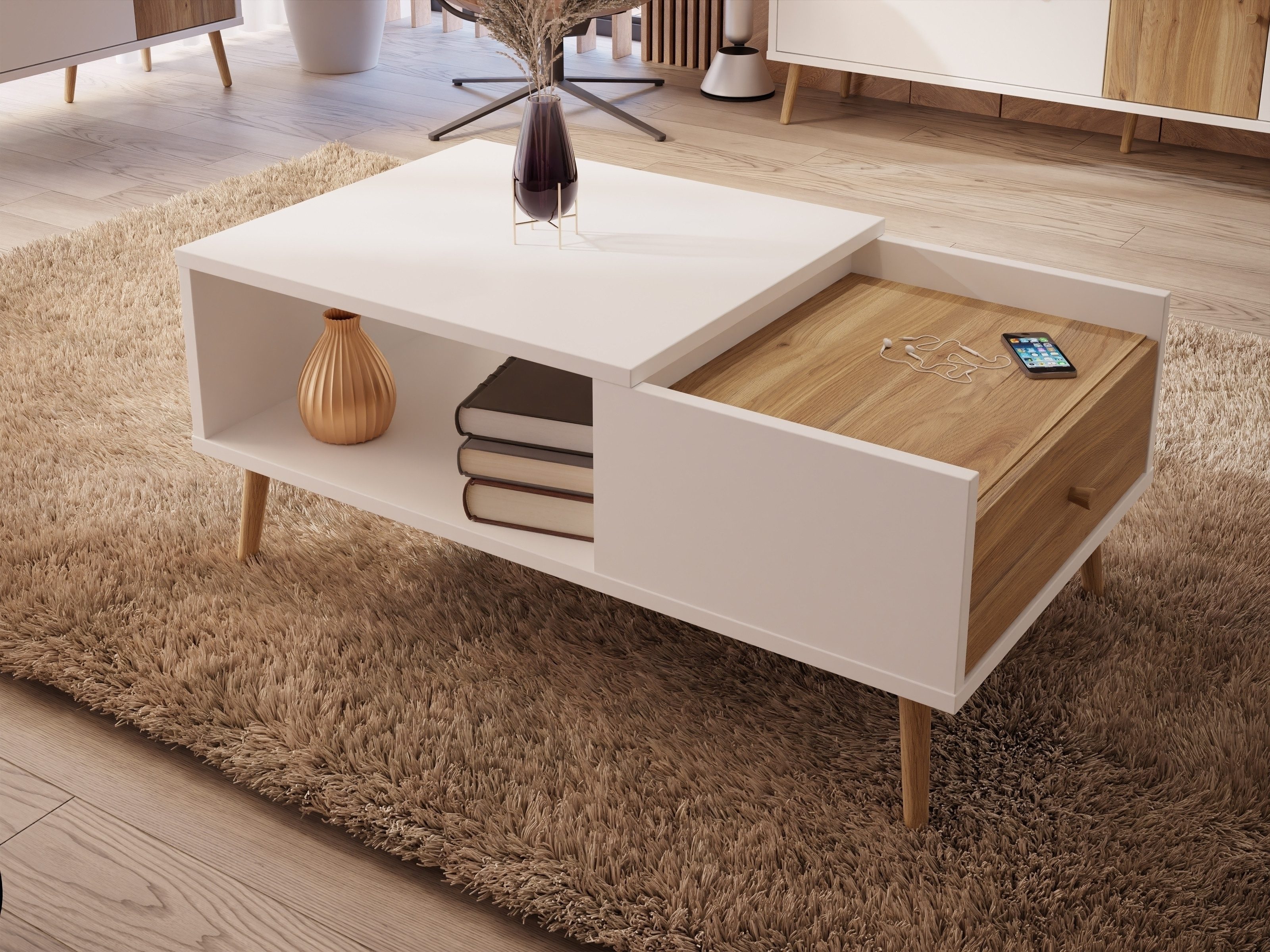 Couchtisch Harllson, Schublade, Fach, Weiß / Mauvella Eiche Dekor - 106x45,4x59,8cm (BxHxT)