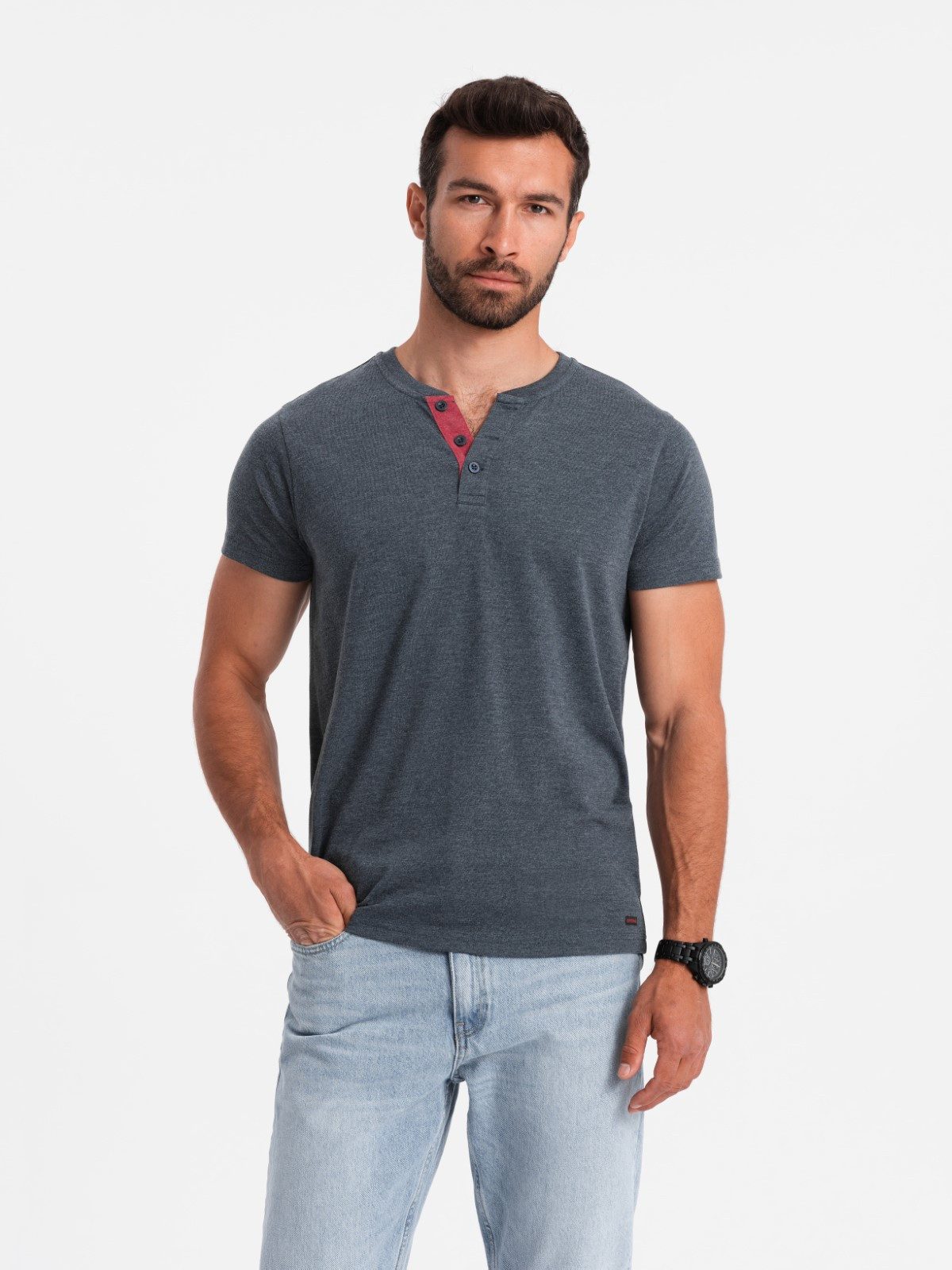 OMBRE T-Shirt Herren-T-Shirt mit rundem Henley-Ausschnitt günstig online kaufen