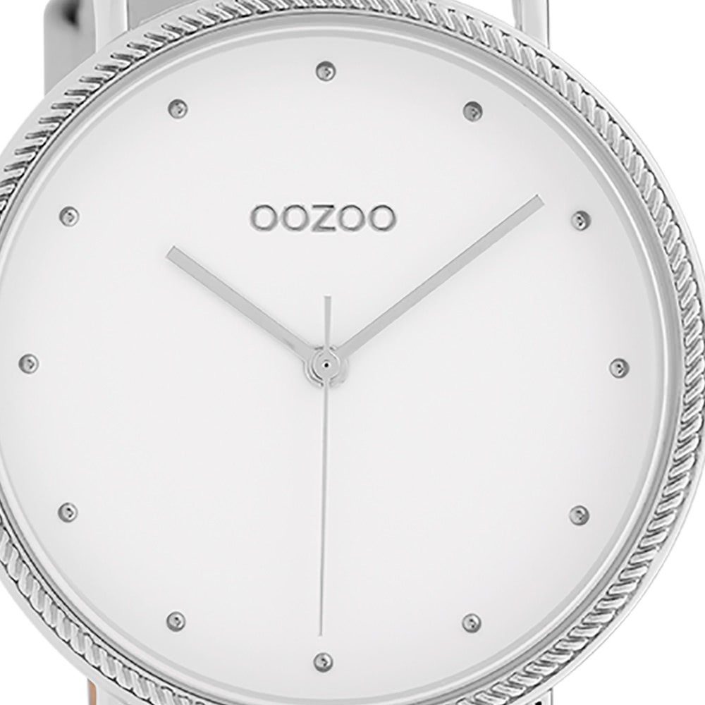 Damenuhr Analog, 40mm), Elegant grau, Quarzuhr silbergrau Oozoo Damen groß Armbanduhr Lederarmband rund, (ca. silber, OOZOO
