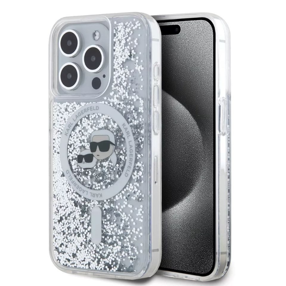 KARL LAGERFELD Handyhülle iPhone 15 Pro Max Glitter silber MagSafe Logo 6,7 Zoll, Kantenschutz