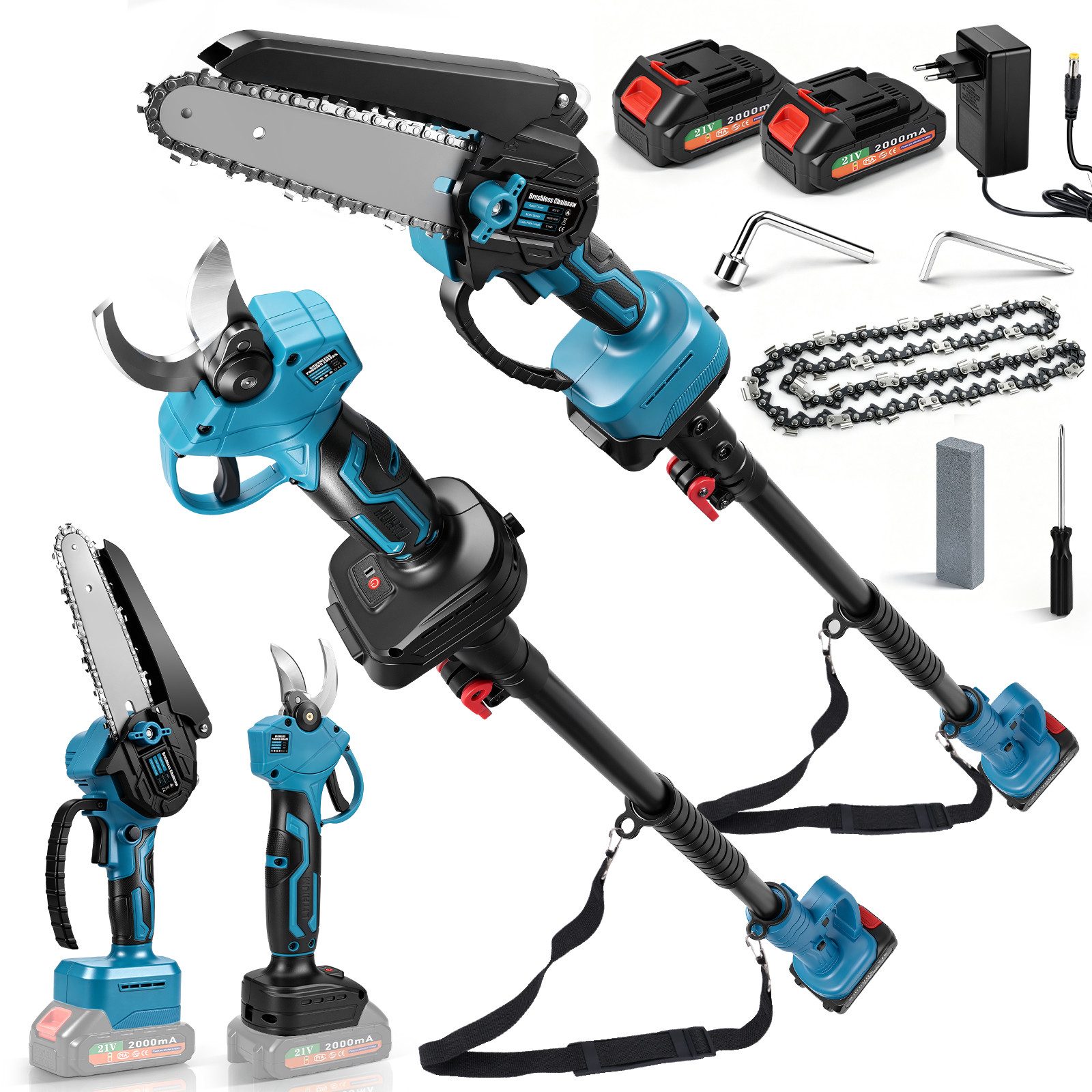XERSEK Akku-Hochentaster 4-in-1 Akku Kettensäge Bürstenloser Teleskop Astschere Teleskopsäge, bis 4 m Arbeitshöhe, (Set, Gartenscheren-Maschinen mit Akku und Ladegerat), 1,7m Teleskopstange, 25mm Baumschere, mit 2×2,0 Ah Akku
