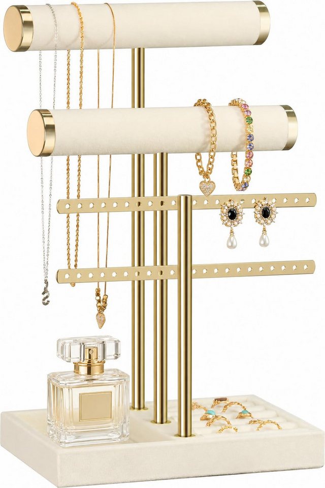 SURFOU Schmuckständer Schmuck Organizer mit 3 Ebenen – Samt-Armbandständer mit T-Steg (5-in-1 Schmuckpräsentation mit Samtstangen, Ringablage & Fach – Ideal für Armbänder, Halsketten & Uhren, 1 St)