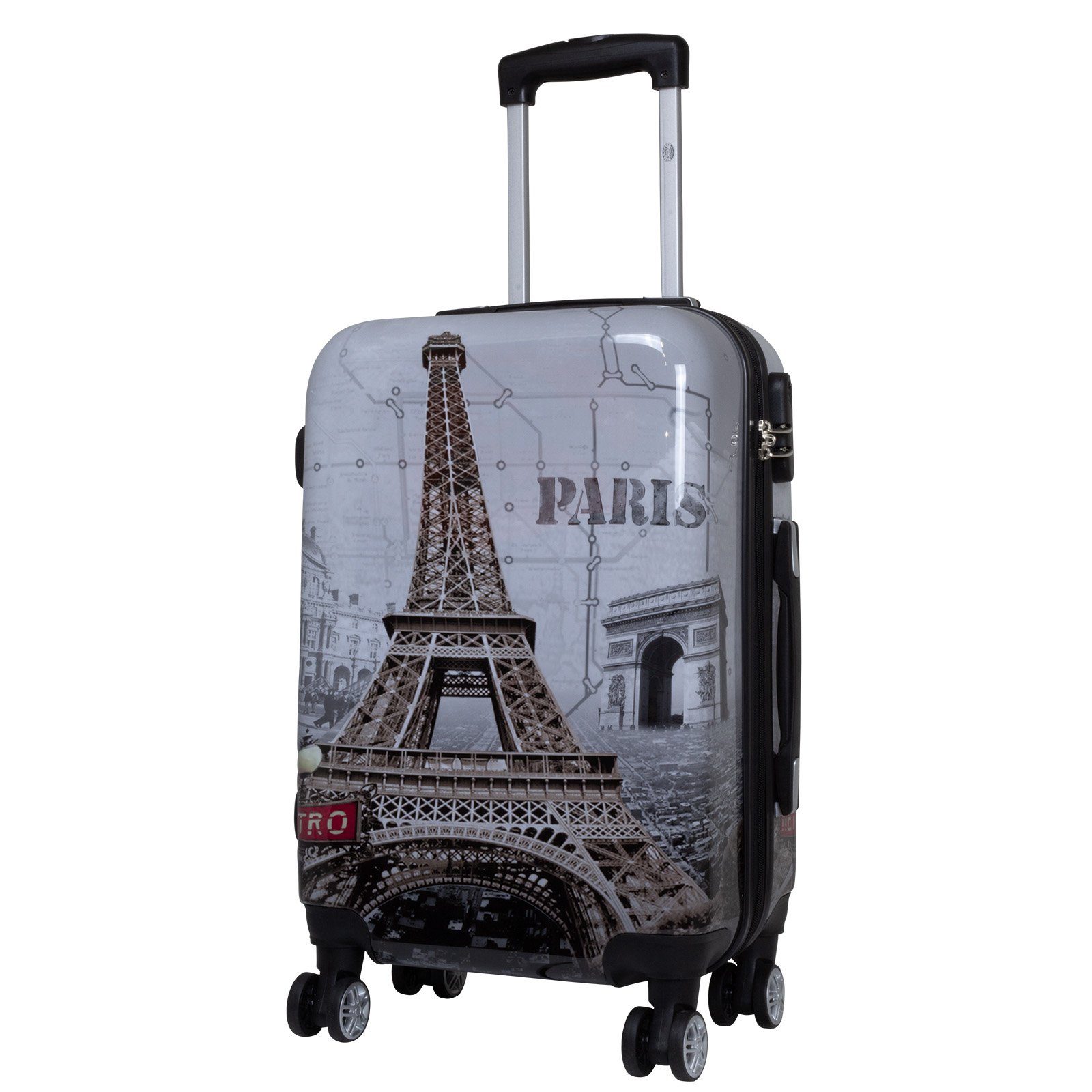 Trendyshop365 Hartschalen-Trolley Paris - Eiffelturm, bunter Koffer mit Motiv, 3 Größen, 4 Rollen, Zahlenschloss, Polycarbonat, Dehnfalte