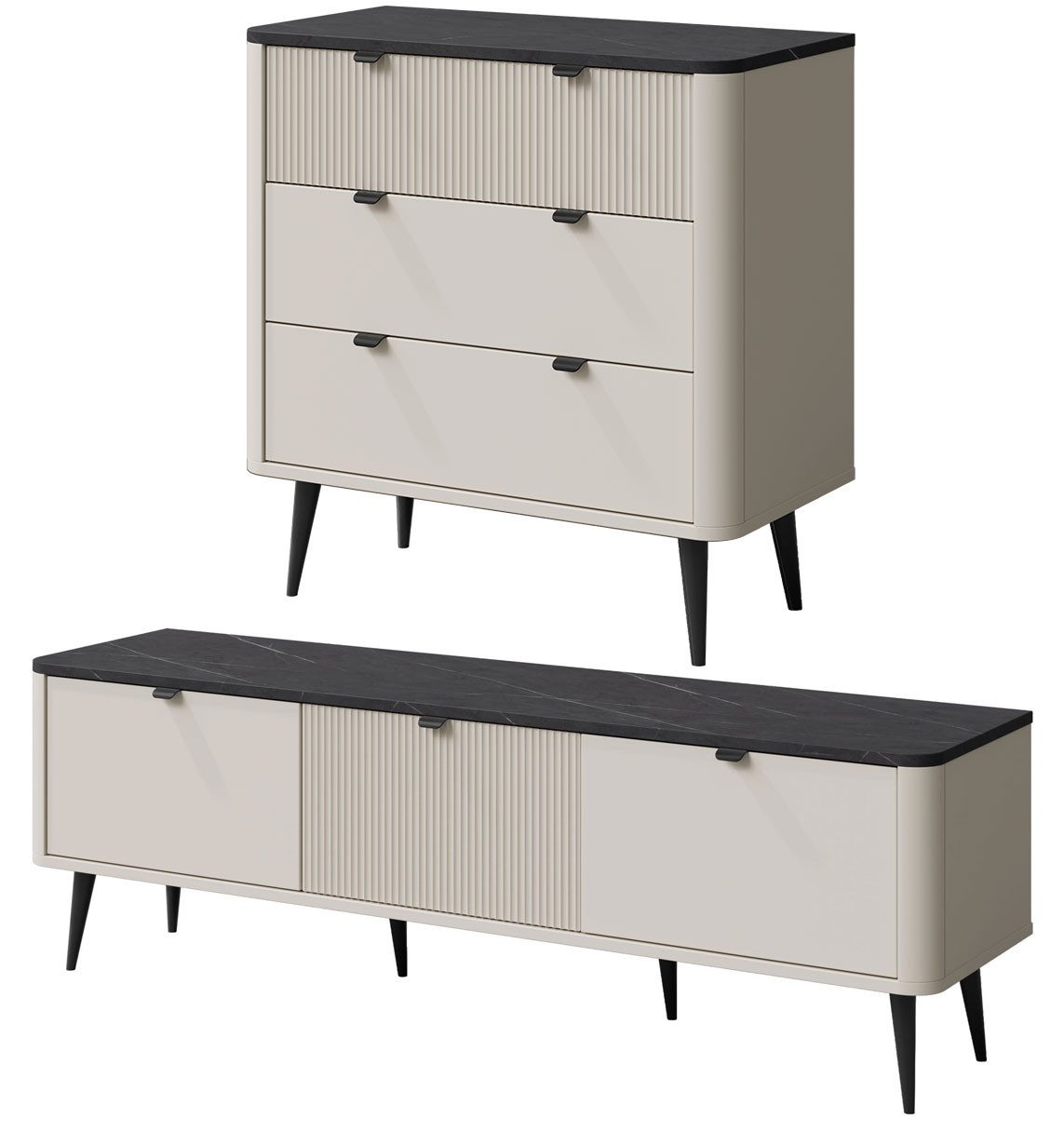 Feldmann-Wohnen Wohnwand Marly, (mit Türen, Schubladen, Böden, 2-St., moderne Optik, abgerundeter Korpus, Zungengriffe aus Metall), Wohnzimmer-Set Kaschmir, Graustein / 2-tlg