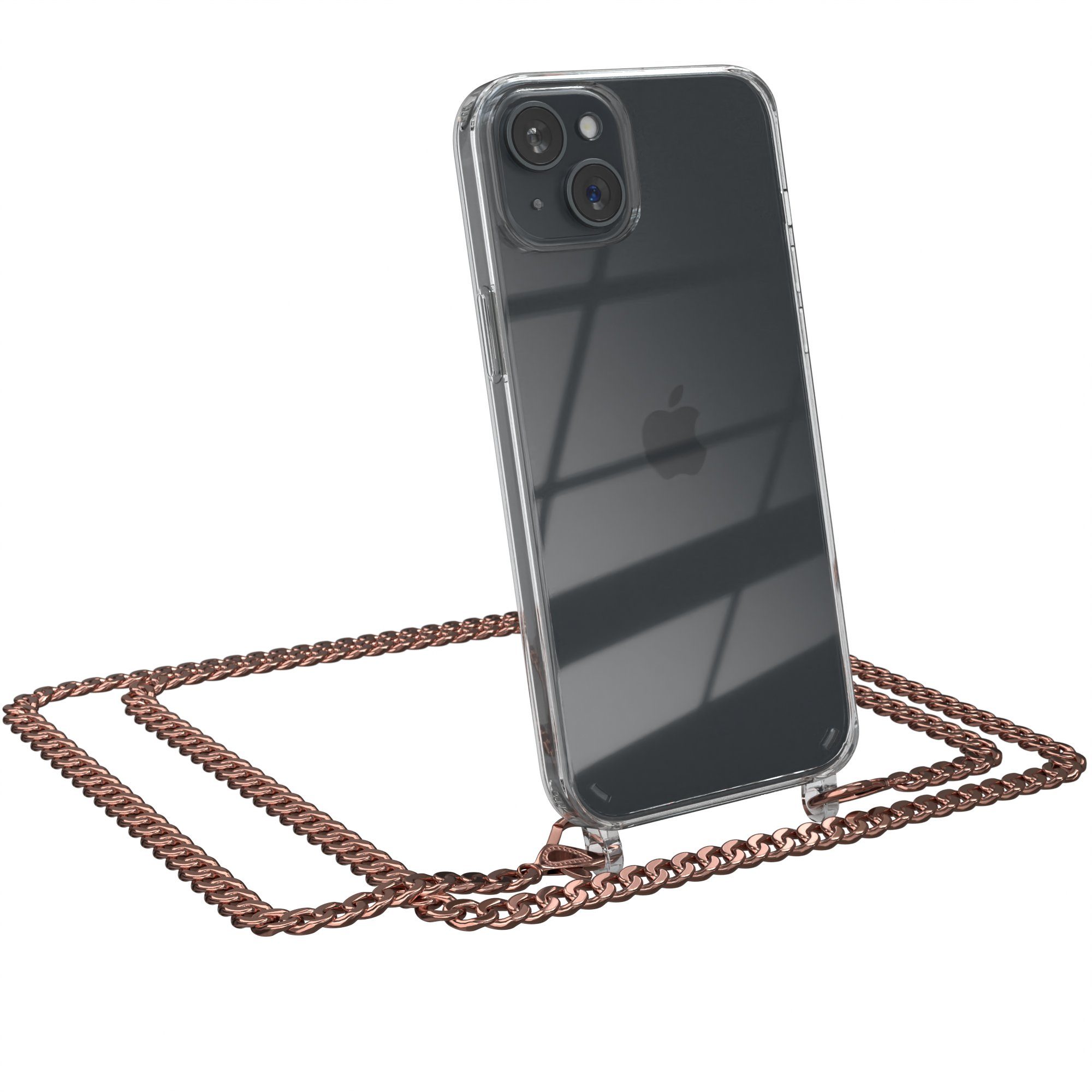 EAZY CASE Handykette 2in1 Metallkette Magsafe Hülle für iPhone 15 Plus 6,7 Zoll, Silikonhülle Transparent Smartphonekette für Unterwegs Ketten Rose