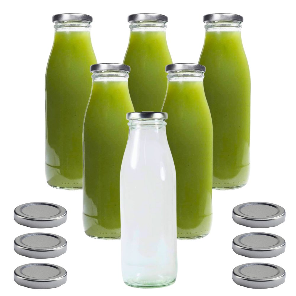 Trinkflasche 6er Set Milchflaschen 500 ml mit Schraubdeckel plus 6 Erssatzdeckel