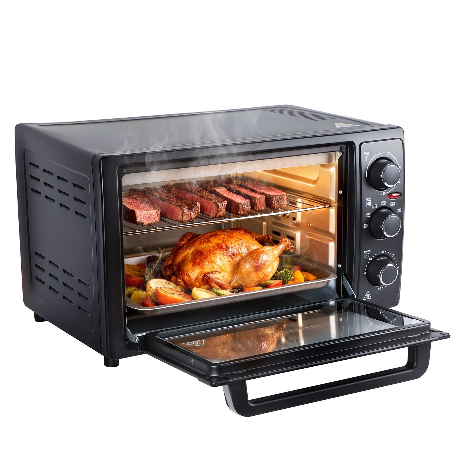 Rutaqian Minibackofen Minibackofen 32 Liter, 1500W Mini Backofen Heißluft Umluft, 60 Min Timer Alarm, 0-230°C Einstellbar, Rotisserie-Set Inklusive