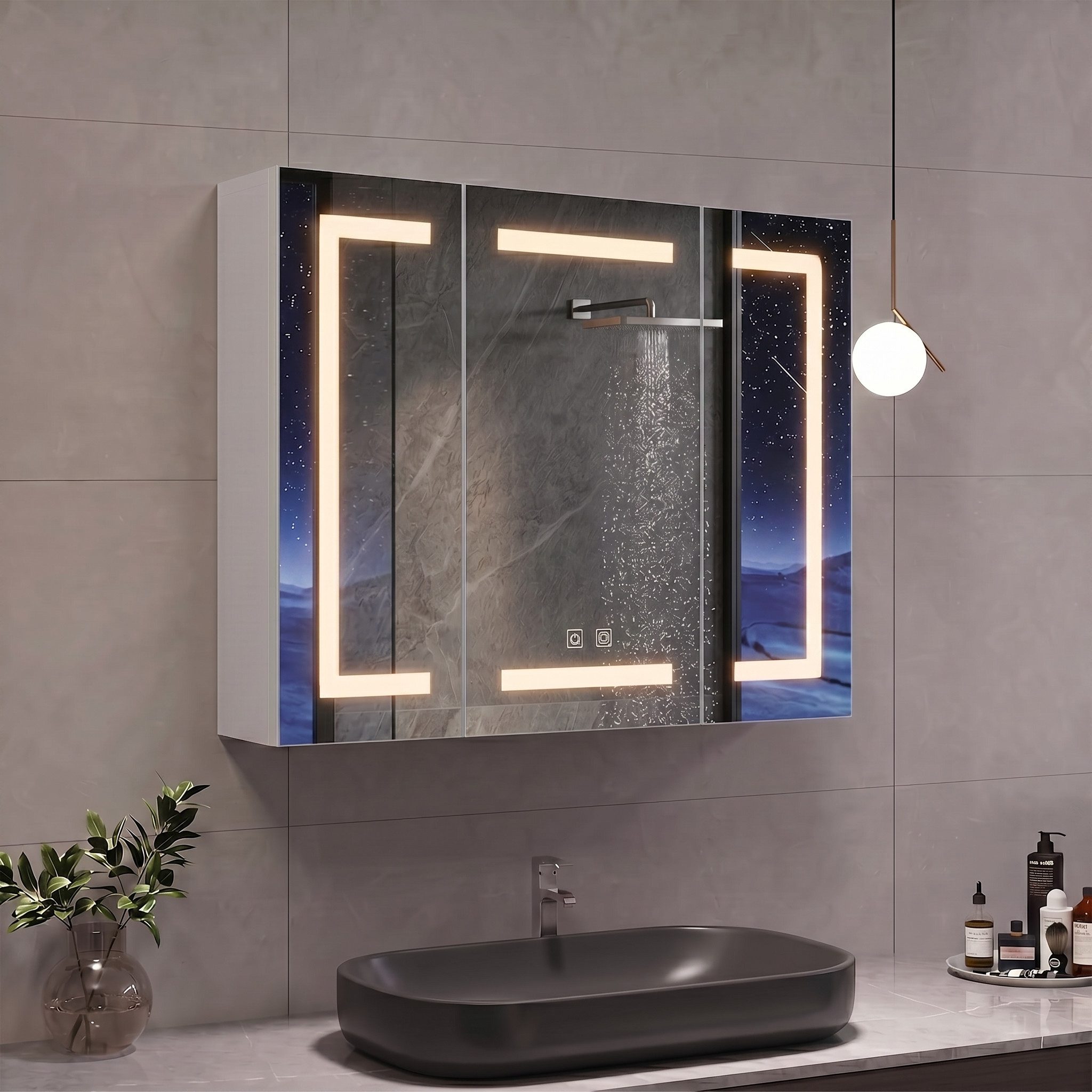 Furnishings Home Badezimmerspiegelschrank Spiegelschrank Doppeltür Hängeschrank 80x60x13.5 cm (Einstellung der warmen und kalten Farbtemperatur 3000/4500/6400K) inkl. LED-Beleuchtung, Stecker, Touchschalter, Beschlagfrei