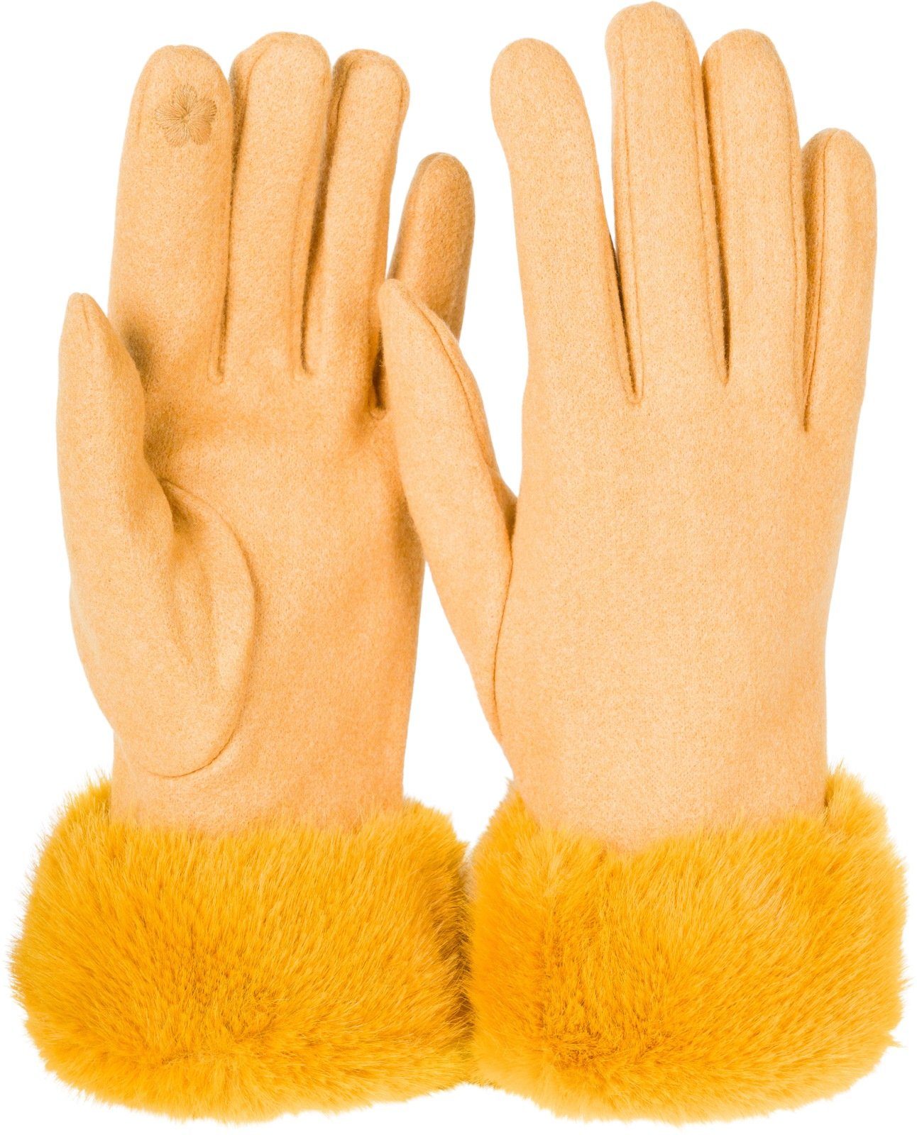 styleBREAKER Fleecehandschuhe Unifarbene Touchscreen Handschuhe mit Kunstfell Curry