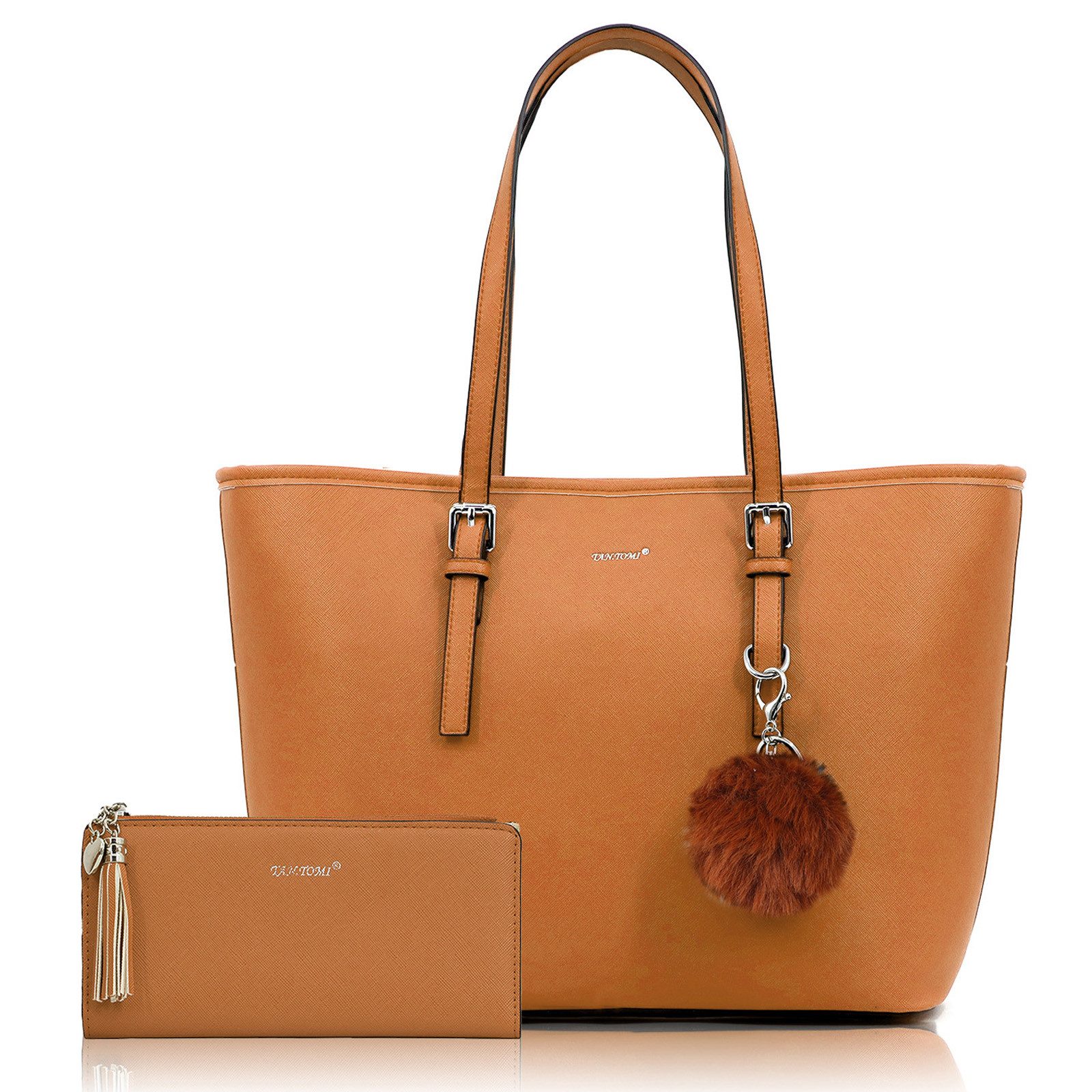 TAN.TOMI Shopper Handtasche Damen mit Geldbörse und Schlüsselanhänger, Groß Damen Handtasche, Geschenke für Frauen in schlichter Optik
