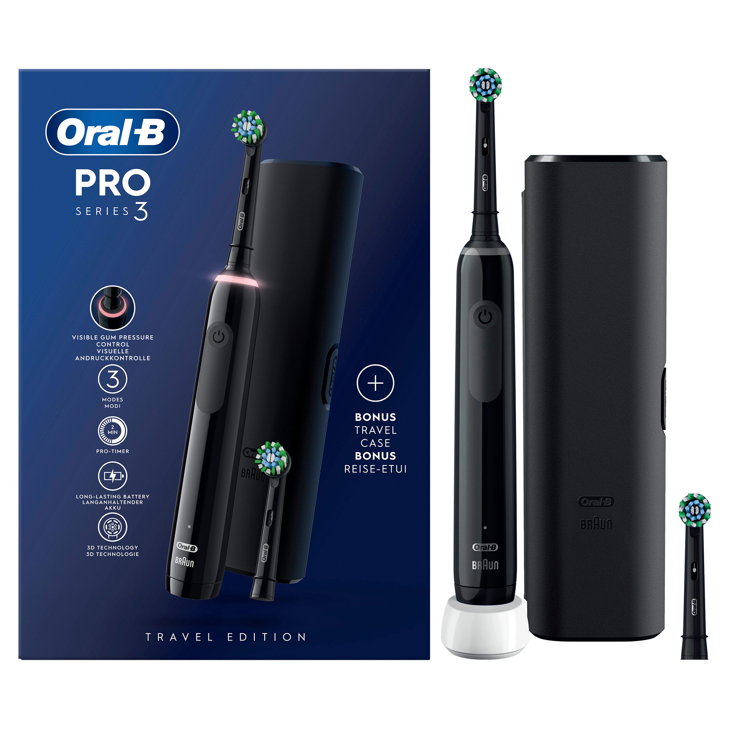 Oral-B Elektrische Zahnbürste Pro 3 3500, Aufsteckbürsten: 2 St., 3 Putzmodi