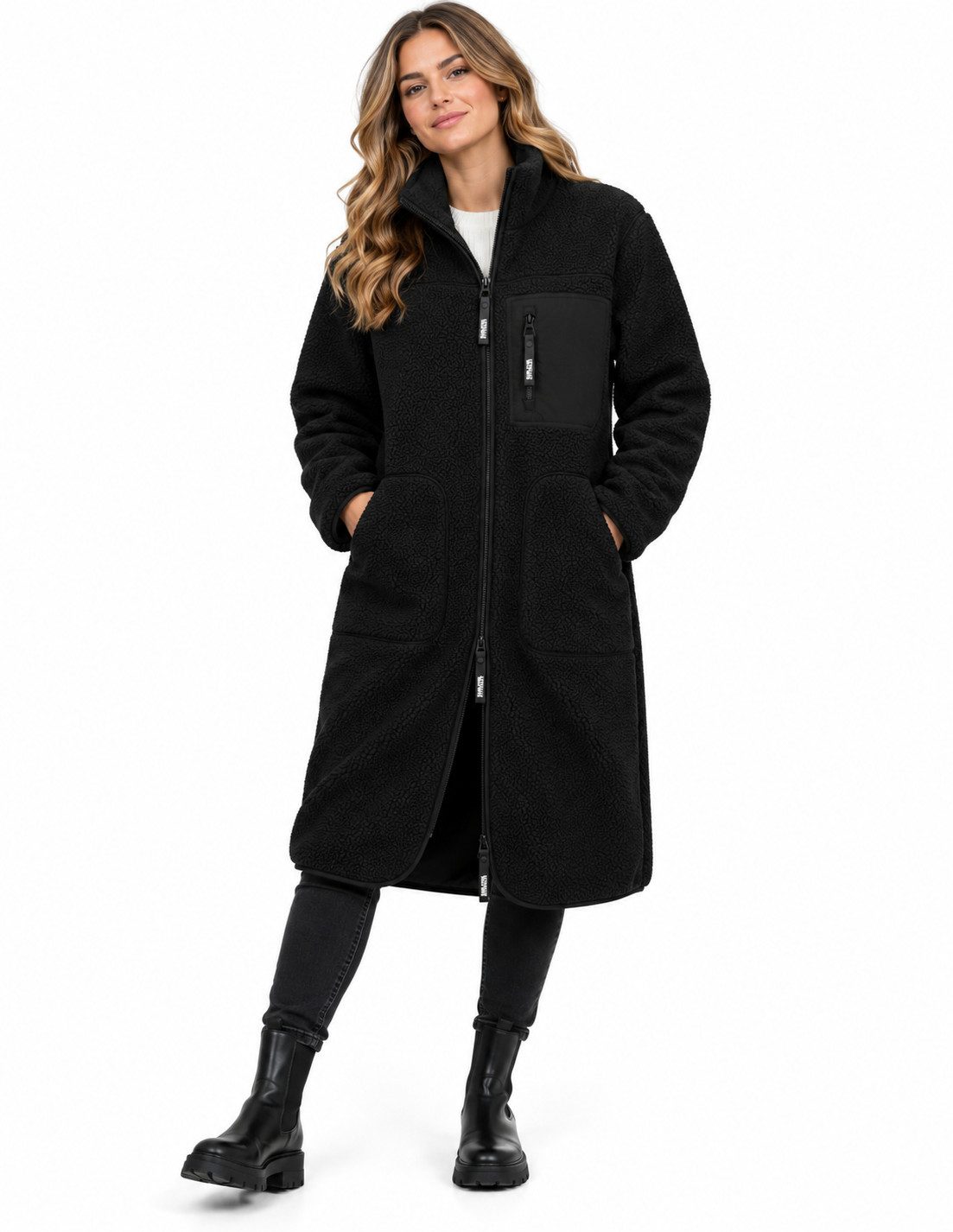 SUBLEVEL Fleecejacke Sublevel Damen Teddyfleece Mantel Lange Herbst Winter Übergangs Jacke