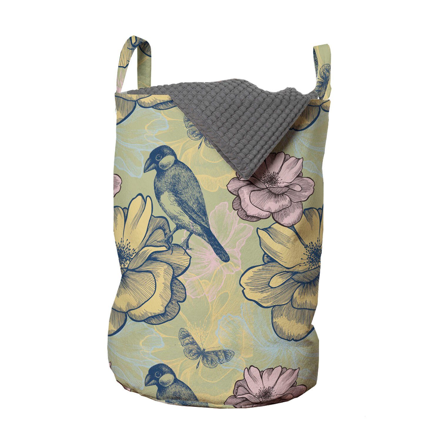 Abakuhaus Wäschesäckchen Wäschekorb mit Griffen Kordelzugverschluss für Waschsalons, Frühling Vogel-Schmetterlings-Blumen | Wäschesäcke