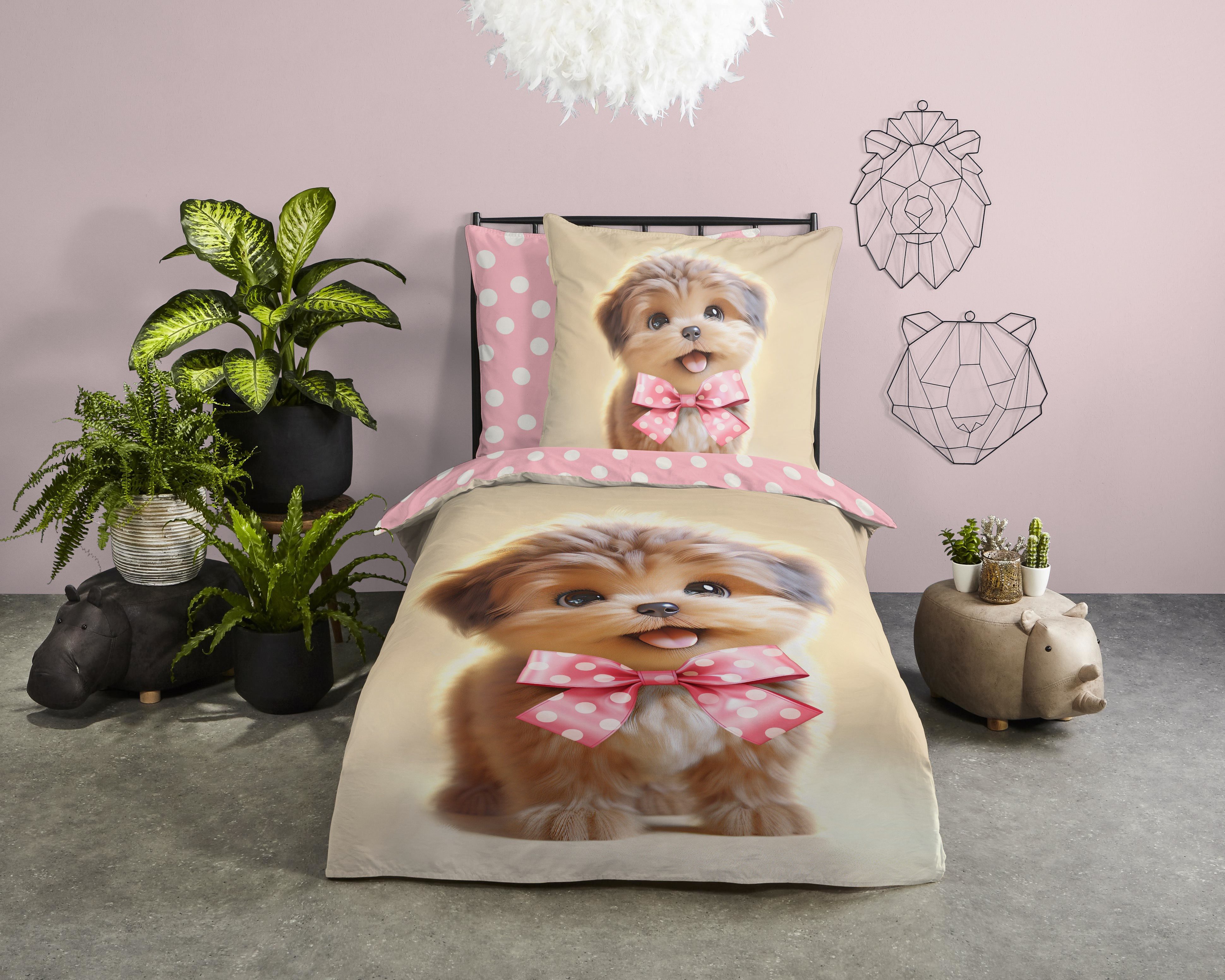 PURE luxury collection Kinderbettwäsche Bobi, Microfaser, 2 teilig, Mikrofaser, 135x200, 2 Teilig, Wendeoptik, Kind, Hund, Welpe