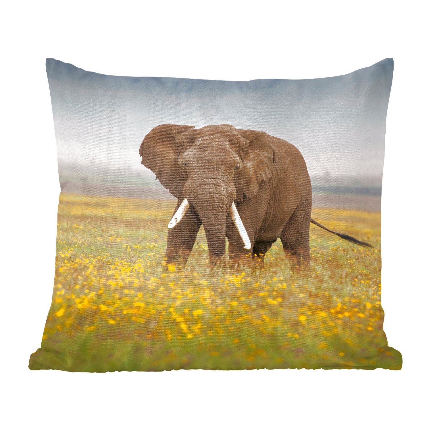 MuchoWow Dekokissen Elefant - Blumen - Gras - Tiere - Natur, Zierkissen mit Füllung für Wohzimmer, Schlafzimmer, Deko, Sofakissen