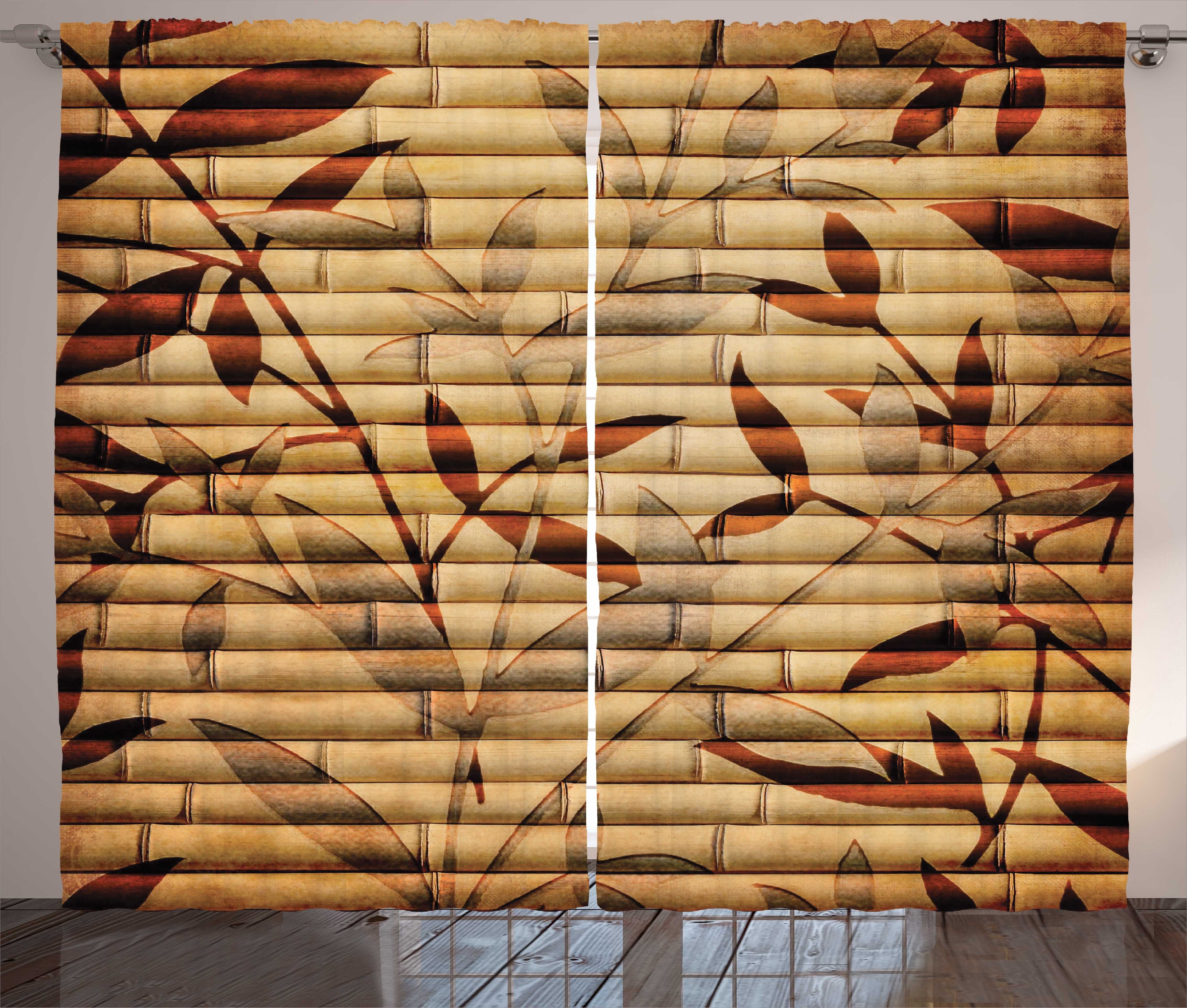 Abakuhaus, Bambus-Blätter Schlafzimmer mit Beige Haken, Kräuselband Gardine Vorhang Bohemian Schlaufen und