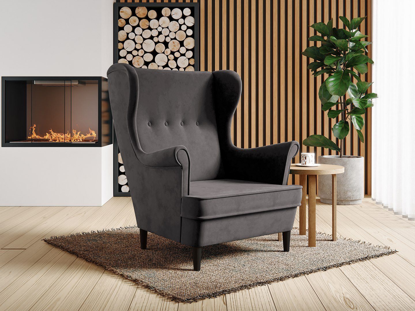 Beautysofa Sessel Falco Holzbeine, 22) (kronos Materialknöpfe, II skandinavisches 4x mit in Polstersessel), (mit Ohrensessel, Desgin Grau