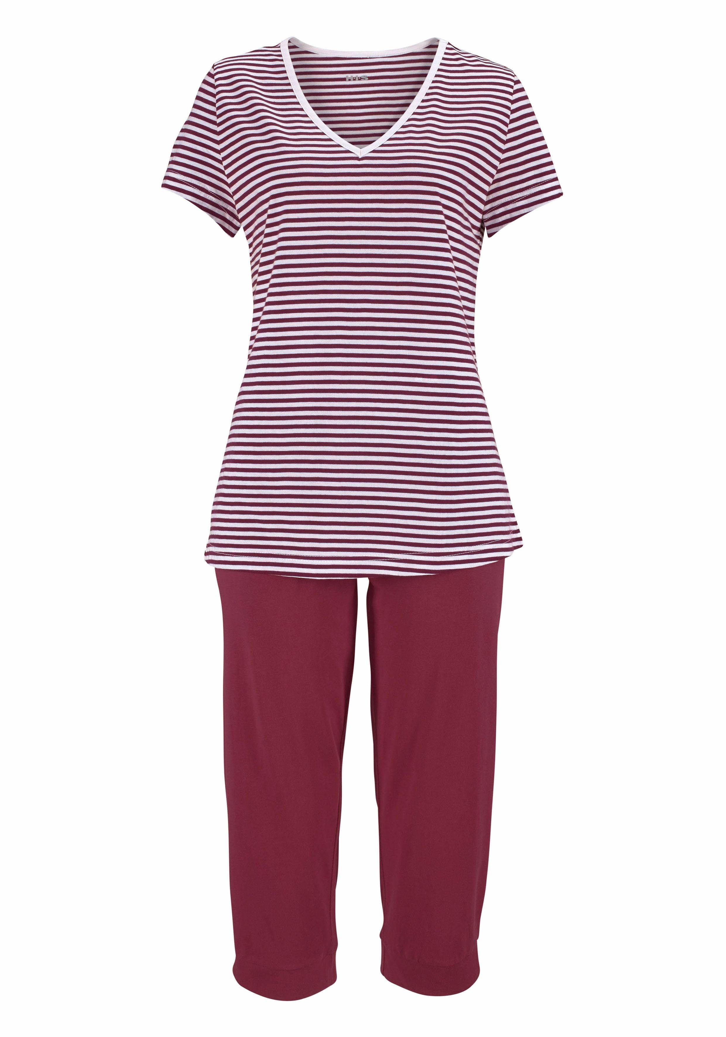 bordeaux-gestreift mit Hose und Capri-Pyjama 1 Stück) tlg., H.I.S legerer T-Shirt geringeltem (2