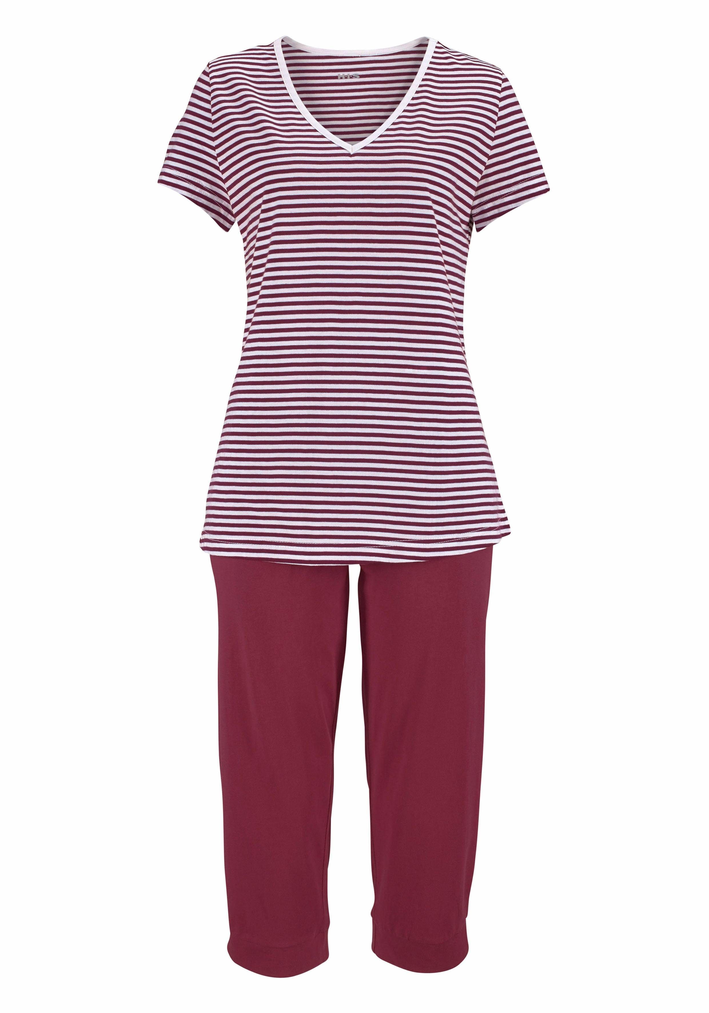 und bordeaux-gestreift tlg., 1 legerer Hose Stück) H.I.S (2 geringeltem Capri-Pyjama mit T-Shirt