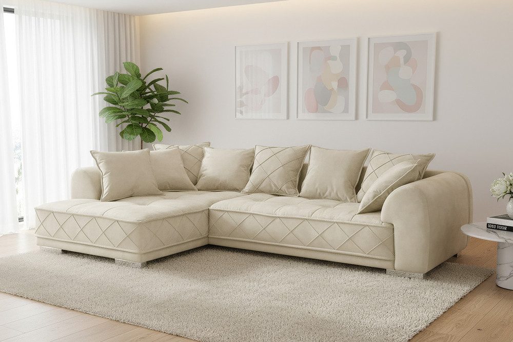 riess-ambiente Big-Sofa DECADENCIA 320cm beige – Samt, XXL, 8 Kissen, variabler Ottomane, Einzelartikel 1 Teile, edles Bigsofa mit Federung & Rundum-Bezug – ideal für große Wohnzimmer