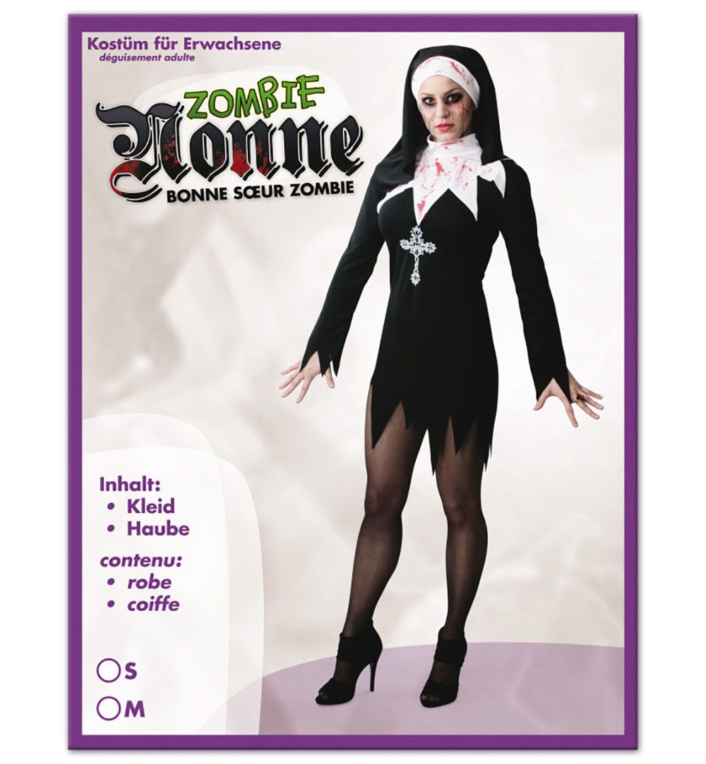 Fries Nonnen-Kostüm Sexy Zombie Horror Nonne Longshirt + Haube Halloween Karneval Fasching