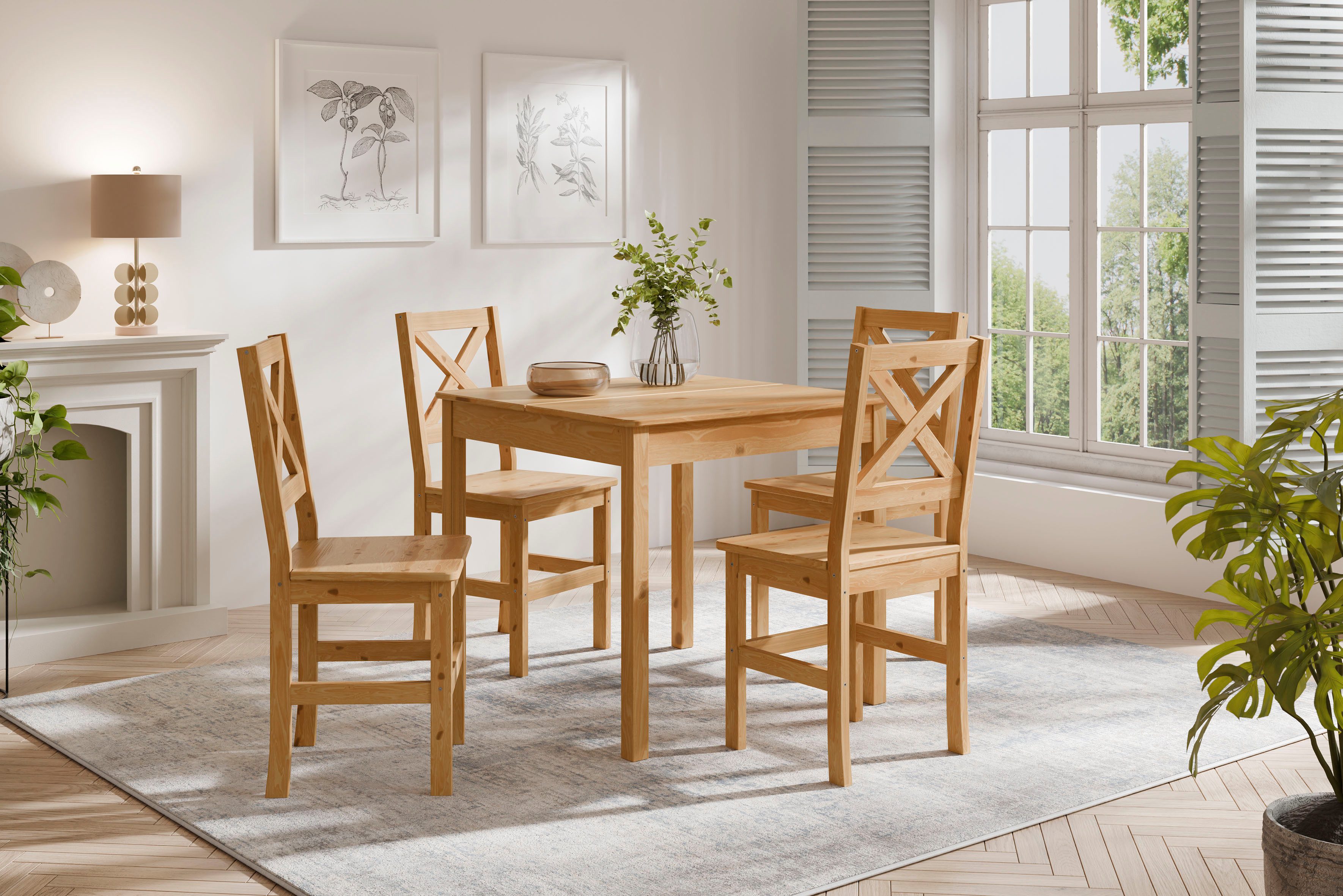 Home affaire Essgruppe Malmö, (Set, 5-tlg), bestehend aus Tisch und Stühlen in Kiefer Massivholz naturfarbig