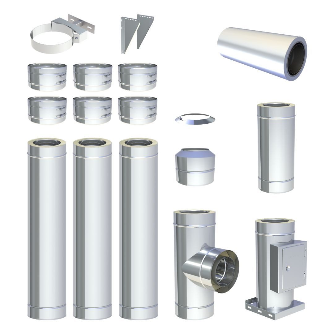 Jeremias Schornstein Ø130mm 4 m DW FU Doppelwandiges Schornstein Set Wandmontage Hochglanz, Ø 130 mm