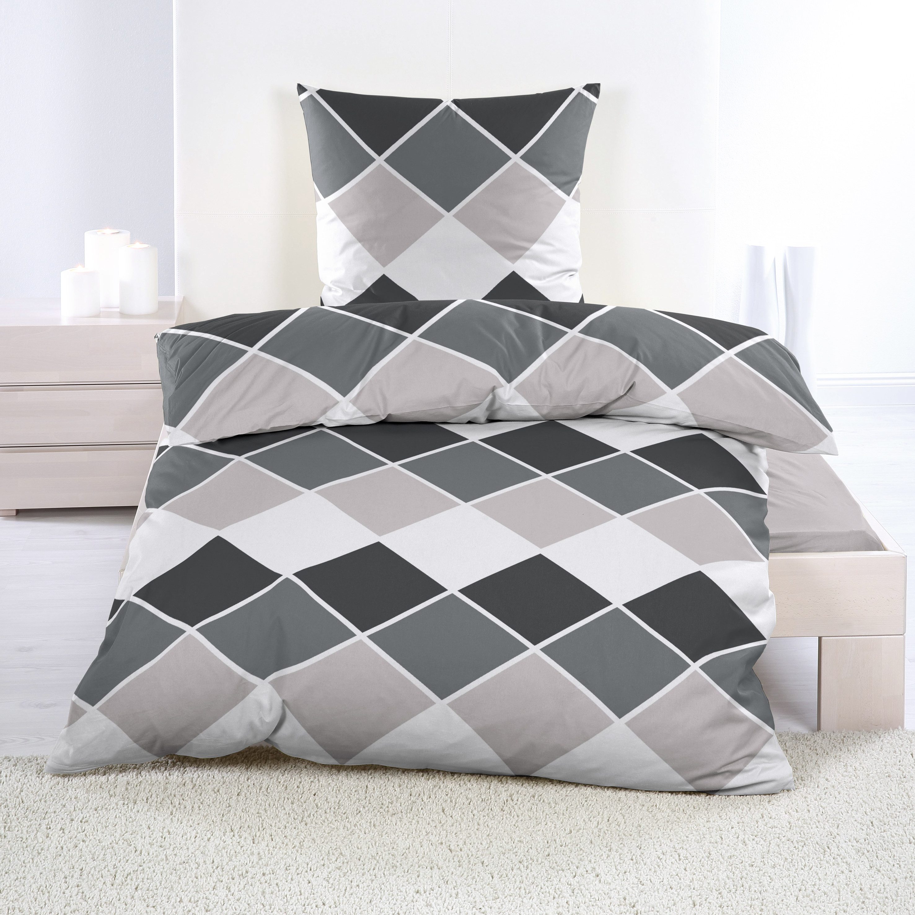 Casa Colori Bettwäsche Biber 135x200cm Anthrazit Grau Rauten, Biber, 2 teil günstig online kaufen