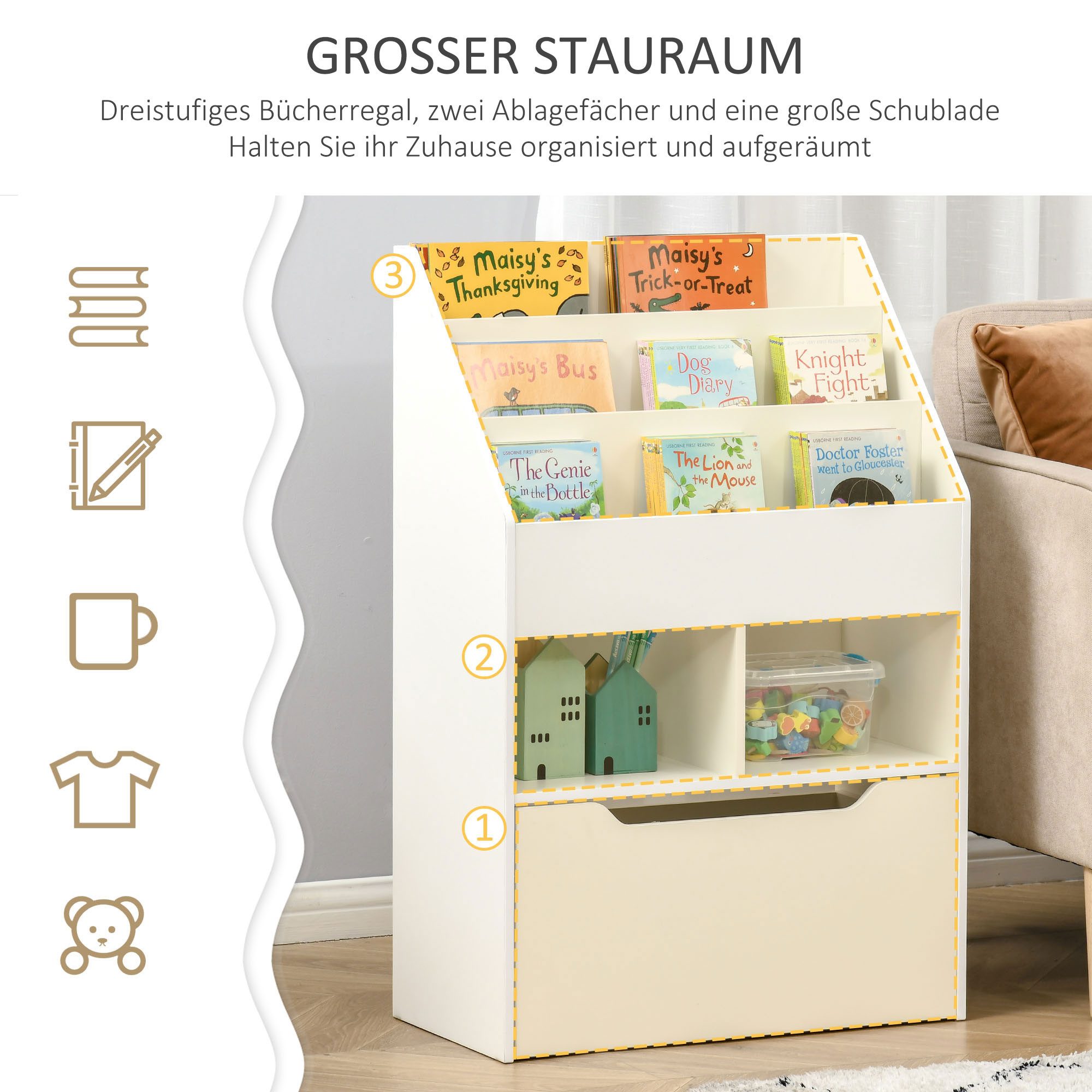 HOMCOM Kinderregal Kinder Bücherregal mit Schublade, 3 Ablagefächern, Aufbewahrungsregal 1-tlg., für Kinderzimmer, Spielzimmer, Weiß, 60 x 29,9 x 90 cm – Bild 5 von 5