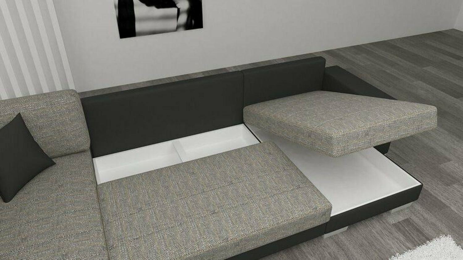 JVmoebel Ecksofa Design Schwarz Bettfunktion Ecksofa Schlafsofa Dunkelgrau / Mit Textil, Sofa Polster Couch Bettfunktion