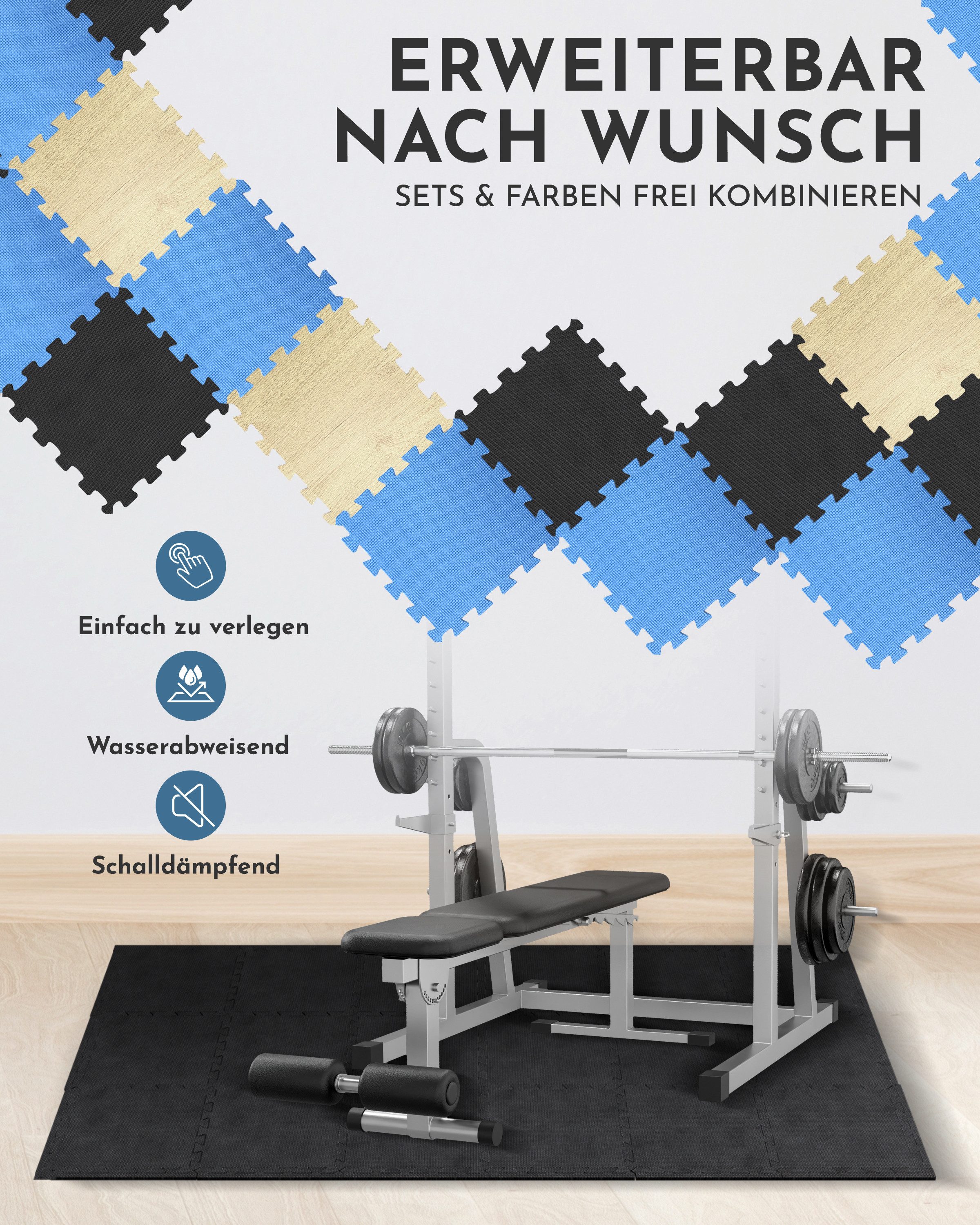 NEOLYMP Bodenmatte Robuste Bodenschutzmatte - Fitness - Schutzmatte Boden - Fitnessmatte (18 Puzzlestücke inkl. Randteile, 18 Schutzmatten Boden inklusive Rands – Bild 5 von 5