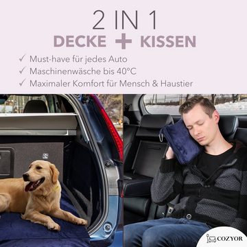 Cozyor Reisekissen und Reisedecke 2 in 1, Reiseset kuschelig weich + Rucksack-Clip, & mit praktischer Befestigung für Koffer, blau Ocean Serie, 1-tlg., Verwandlungskissen, Flugzeugdecke für unterwegs wahlweise mit Nackenkissen & Augenmaske