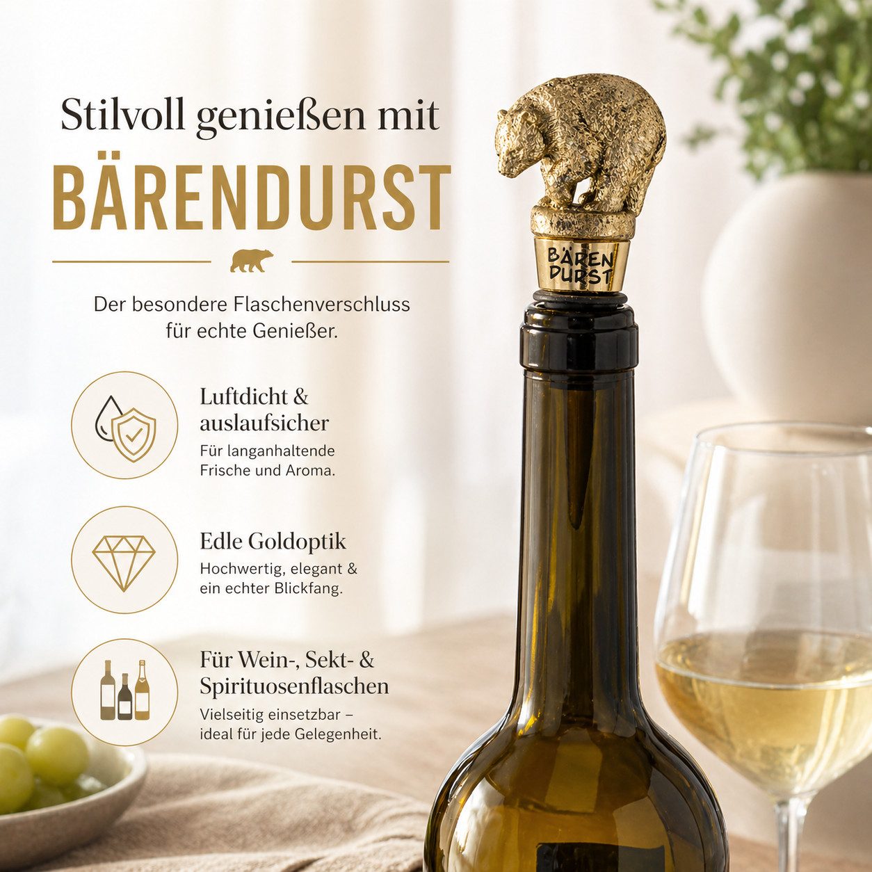 Gehlmann Flaschenverschluss Weinflaschenverschluss Bär - Gold, (1-tlg)