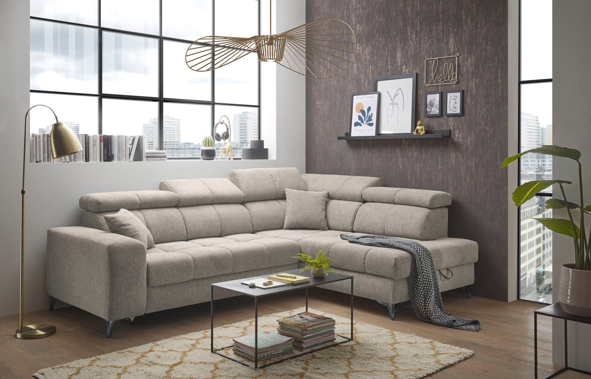 ED EXCITING DESIGN Ecksofa Sydney, 2 Teile, frei im Raum stellbar, mit Bettkasten, inkl. Kopfteilverstellung beige