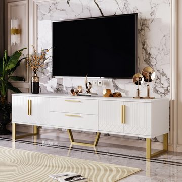 Ulife TV-Schrank Lowboard Hochglänzender TV-Schrank mit 4 Türen und 2 Schubladen Tür mit gravierter Textur, goldene Griffe und Füße
