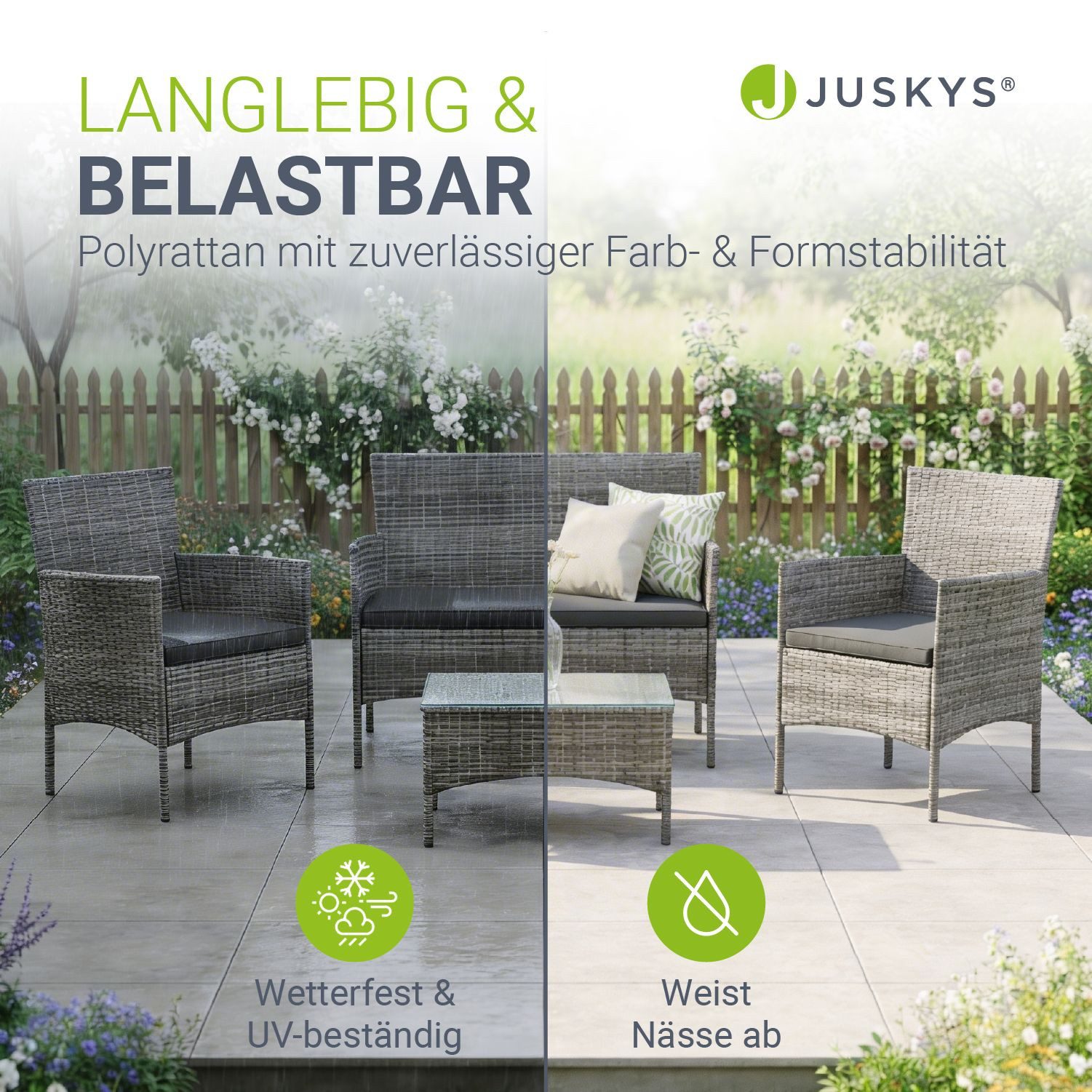 Juskys Gartenlounge-Set Fort Myers, wetterfeste Polyrattan Sitzgruppe für 4 Personen