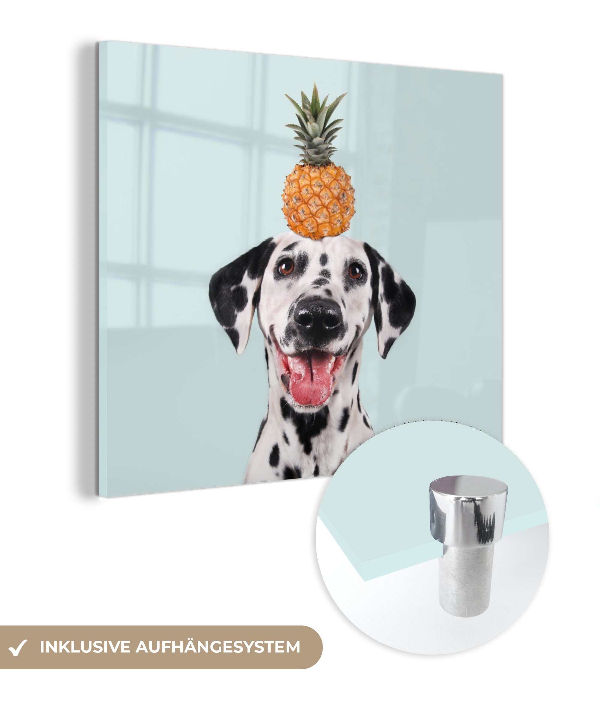 MuchoWow Acrylglasbild Dalmatiner mit einer Ananas auf dem Kopf, (1 St), Glasbilder - Bilder auf Glas Wandbild - Foto auf Glas - Wanddekoration | Bilder