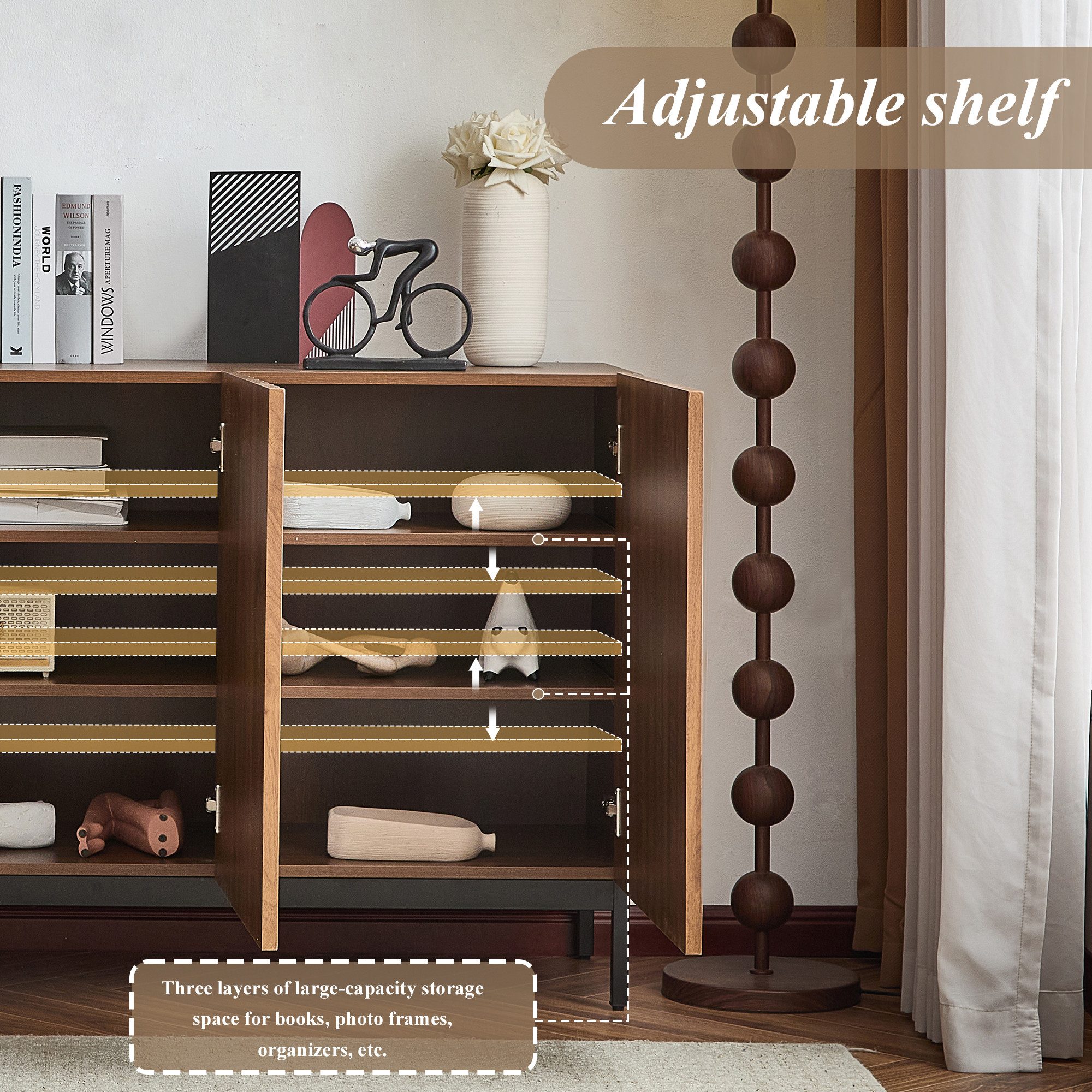Merax Sideboard Skandi mit 3 Türen und verstellbaren Einlegeböden (Aktenschrank Küchenschrank, für Wohnzimmer & Flur), Kommode Anrichte Schrank mit Metallfüße,  – Bild 5 von 5