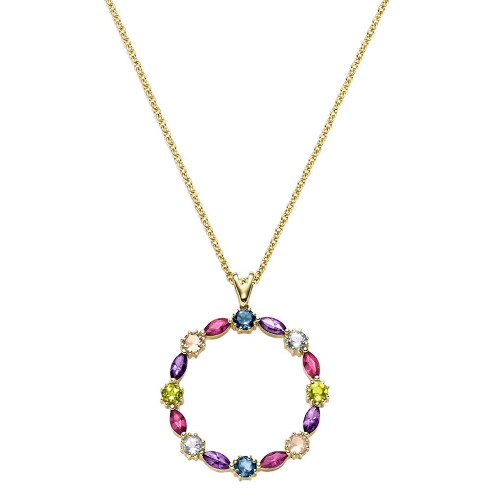 HOPLO Goldkette Gold Collier mit Farbsteinen Ankerkette diamantiert 585-14 Karat Gold, Made in Germany