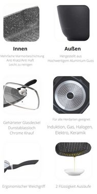 KESSMANN Grillpfanne Induktion Grillpfanne Ø 28cm mit Glasdeckel alle Herdarten Pfanne, Aluminiumguss (Set, 5-tlg., Inkl. 1 Pfannenwender + 1 Untersetzer + 1 Holzlöffel Fischpfanne), Bratpfanne Induktionsgeeignet Pfannenset Schmor Steakpfanne