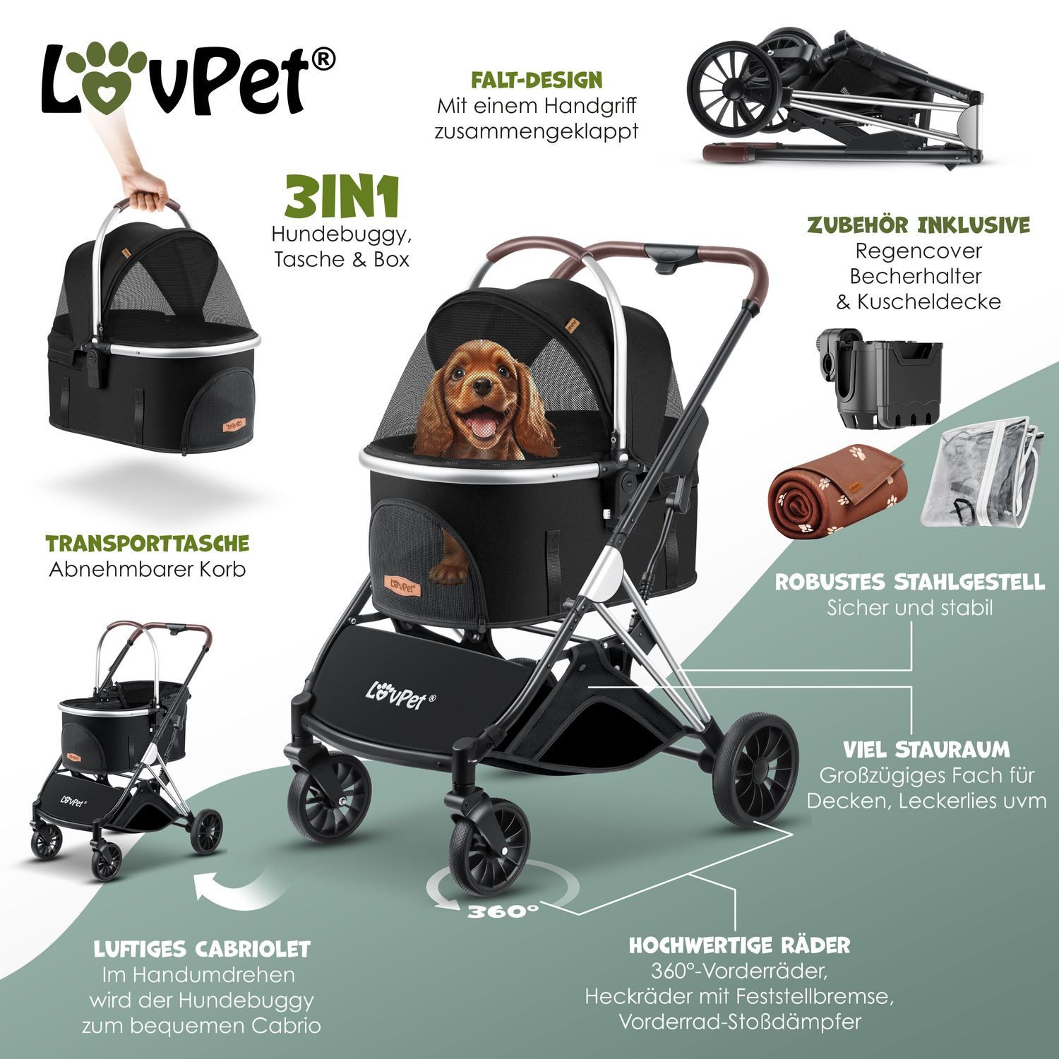 Lovpet Hundebuggy 3in1 Hundewagen max. bis 20kg Buggy für Haustiere, (Hunde günstig online kaufen