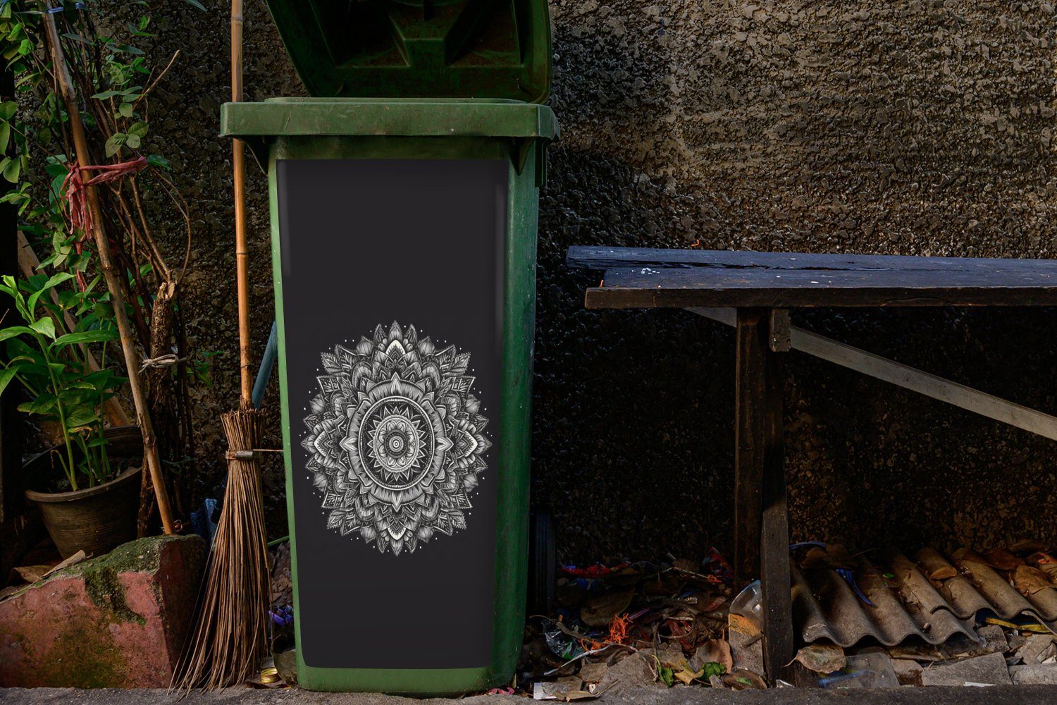 - St), Container, Wandsticker und Böhmisch weiß Mülltonne, (1 - Blumen Mandala Abfalbehälter Natur - MuchoWow Mülleimer-aufkleber, Sticker, - Schwarz