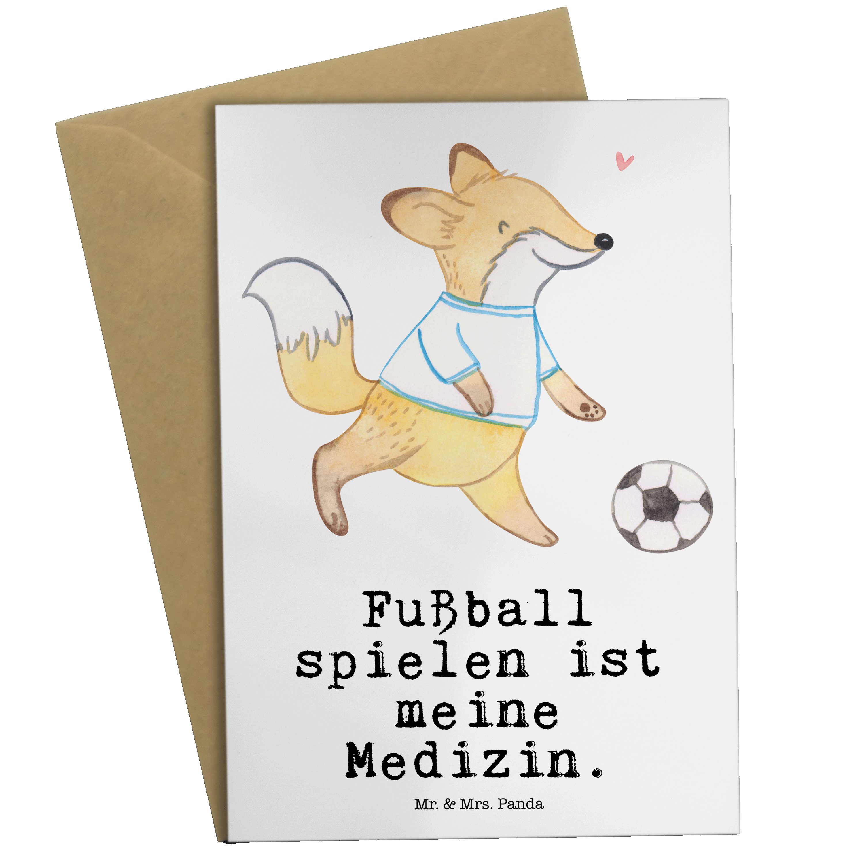 Mr. & Mrs. Panda Grußkarte Fuchs Fußball spielen Medizin - Weiß - Geschenk, Geburtstagskarte, Fu