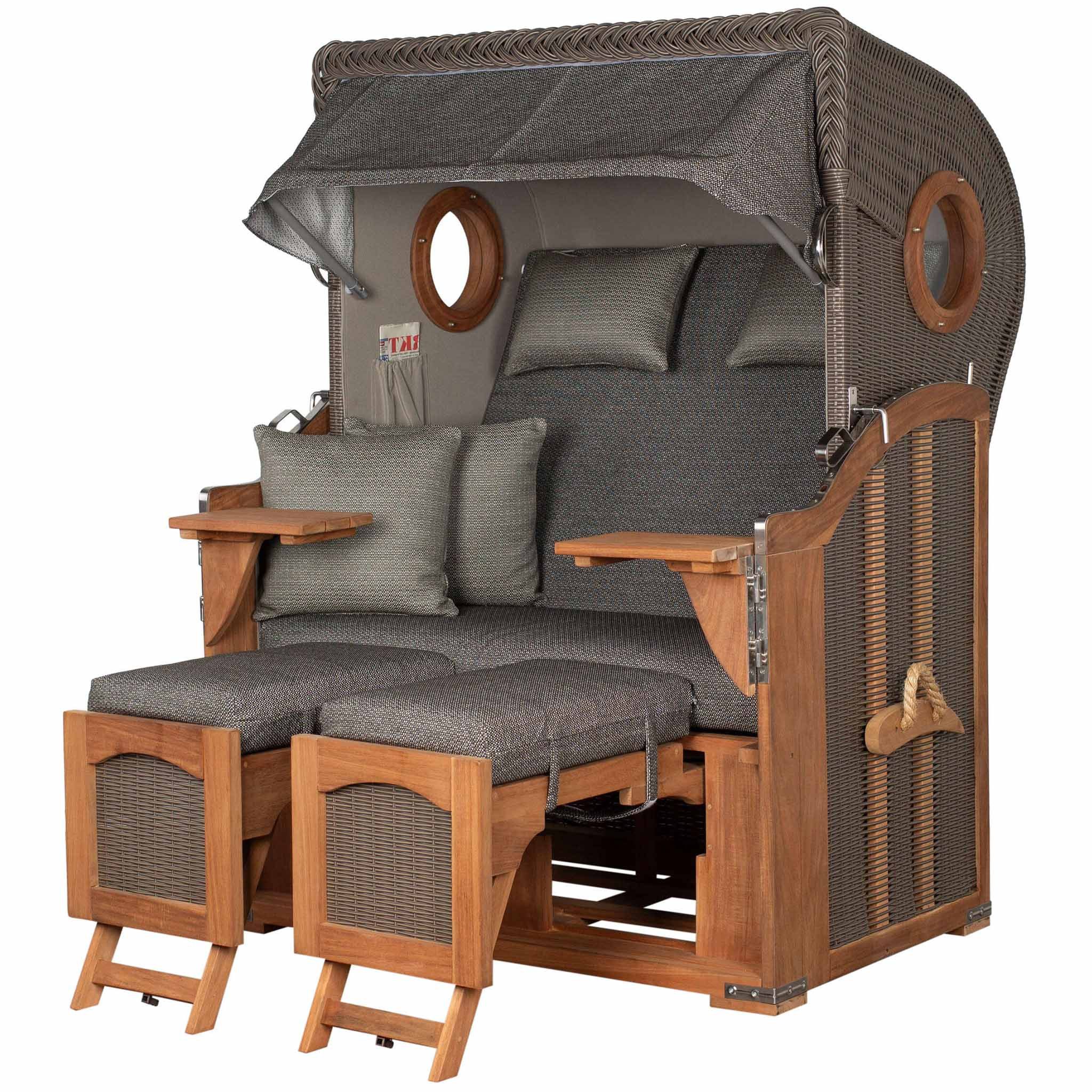 bene living Strandkorb Mellum Akazie - PE braun - Modell 577, BxTxH: 120x80x160 cm, Volllieger, Ostsee-Strandkorb, (Strandkorb-Komplettset, 4-tlg., Strandkorb, Schutzhülle, Doppellenkrollen und Glas-/Becherhalter), 2-Sitzer Volllieger mit Fußstützen und Schwenktischen