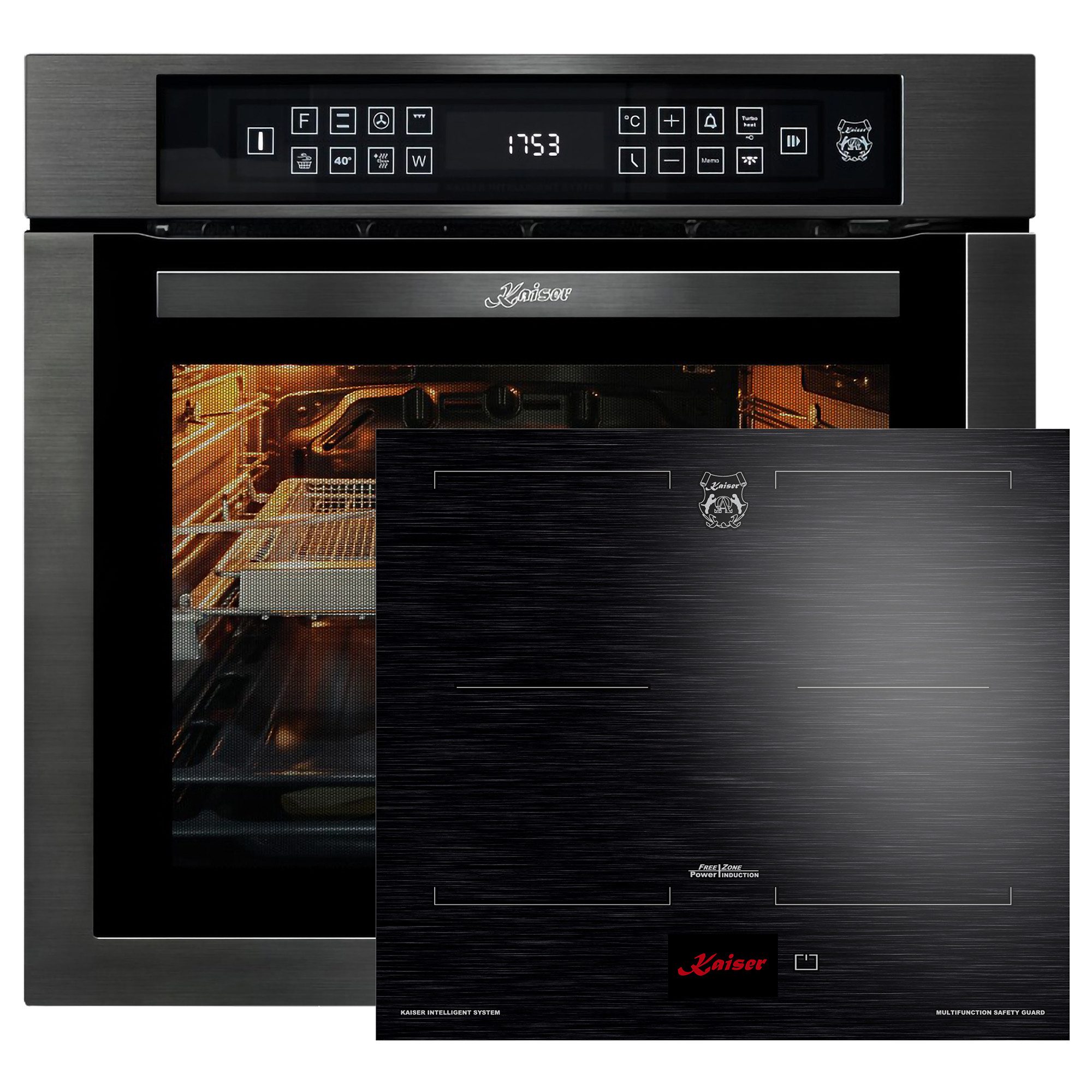 Kaiser Küchengeräte Backofen-Set Herd Set Autark Einbau Backofen 79L Temperatursonde – Bratautomatik 15 Fkt. Grill Air fryer Full Touch 60 cm mit Induktionskochfeld 60 cm FREE ZONE mit 2 FLEX Induktions-Zonen TFT Display EH 6306 RS+KCT 6140 FI, mit 1-fach-Teleskopauszug, Katalytische