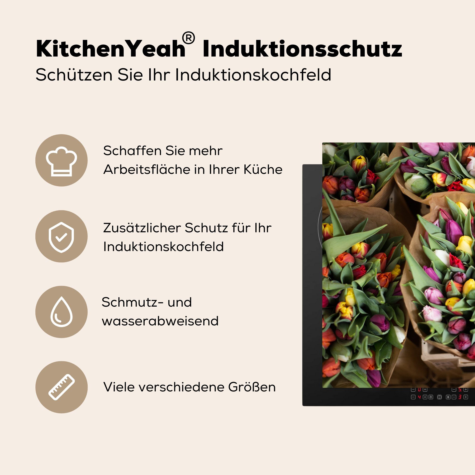 - Strauß, (1 Tulpen Ceranfeldabdeckung Herdblende-/Abdeckplatte - tlg), Schutz Vinyl, für cm, MuchoWow die Induktionskochfeld 81x52 küche, Blumen