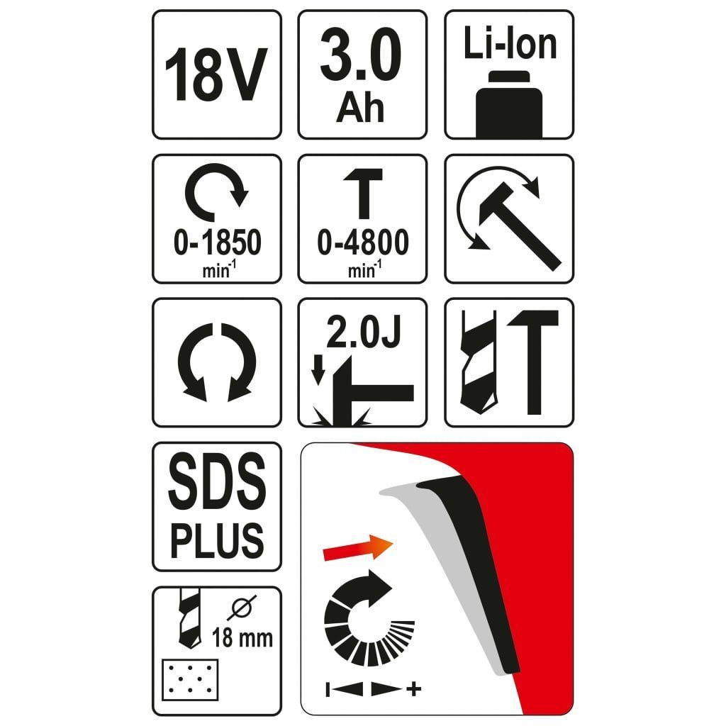 V Yato SDS-plus V Li-Ion 3,0 Bohrhammer 18V, Ah Akku-Bohrschrauber 18 Akku